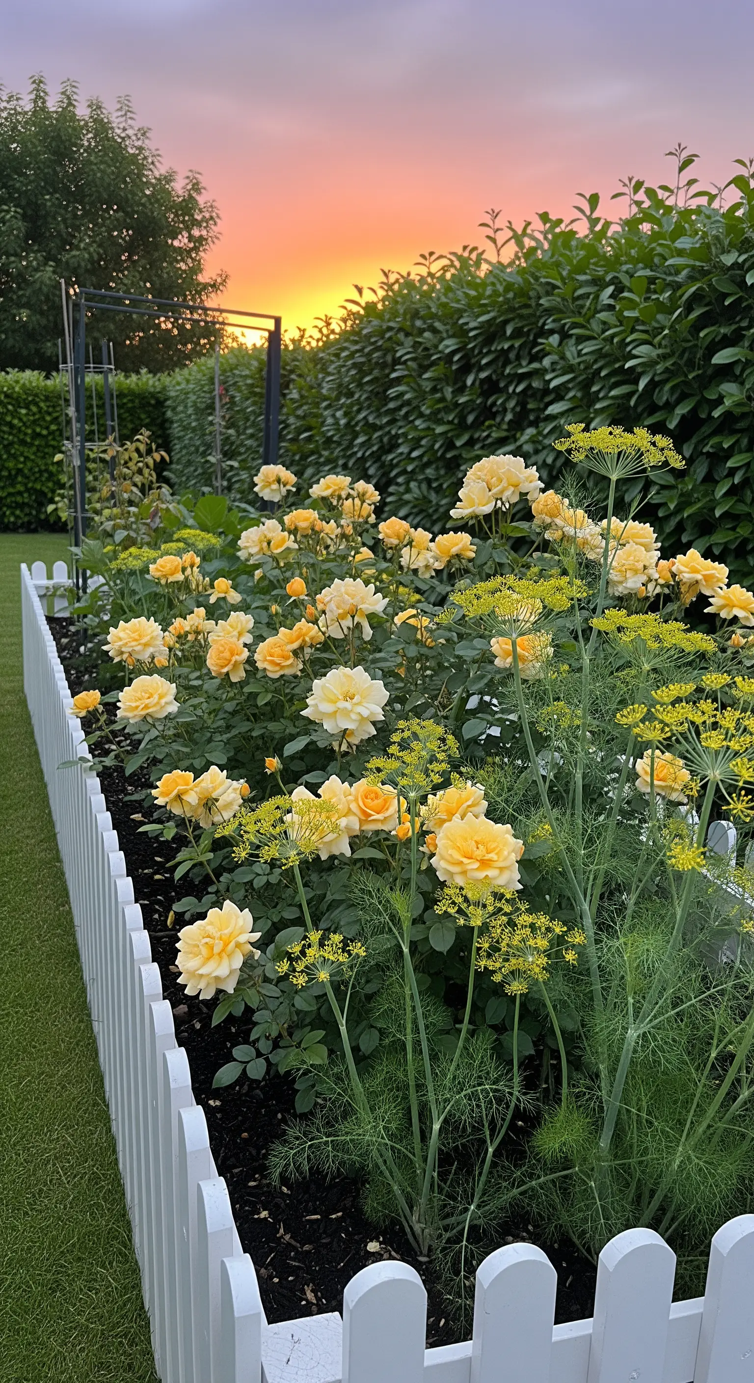 Gelbe Rosen, Fenchel, weißer Lattenzaun, sonniges Beet.