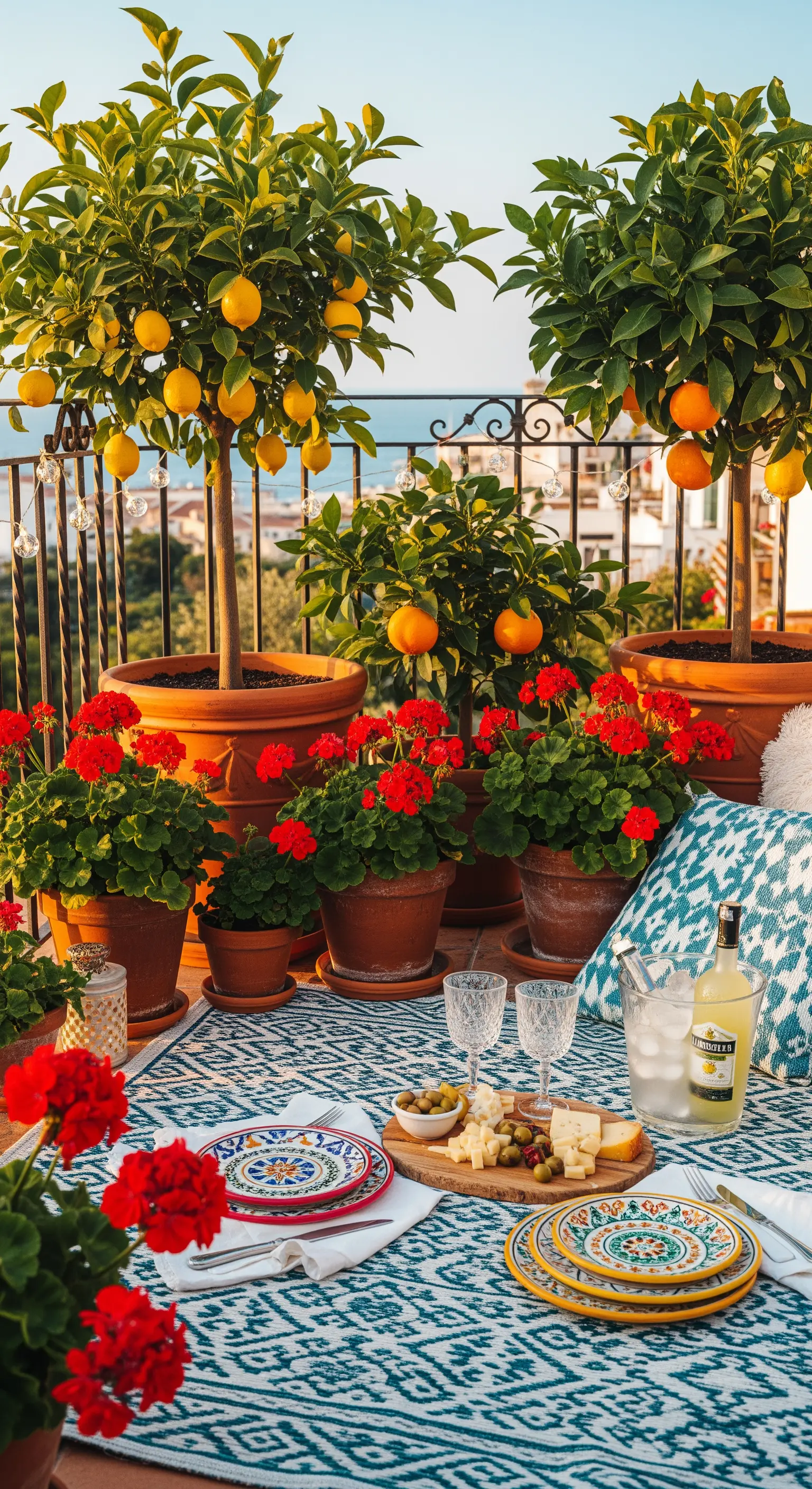 Sonniges Terrassen-Frühstück mit Zitronenbäumen, roten Geranien und blau gemusterten Tellern