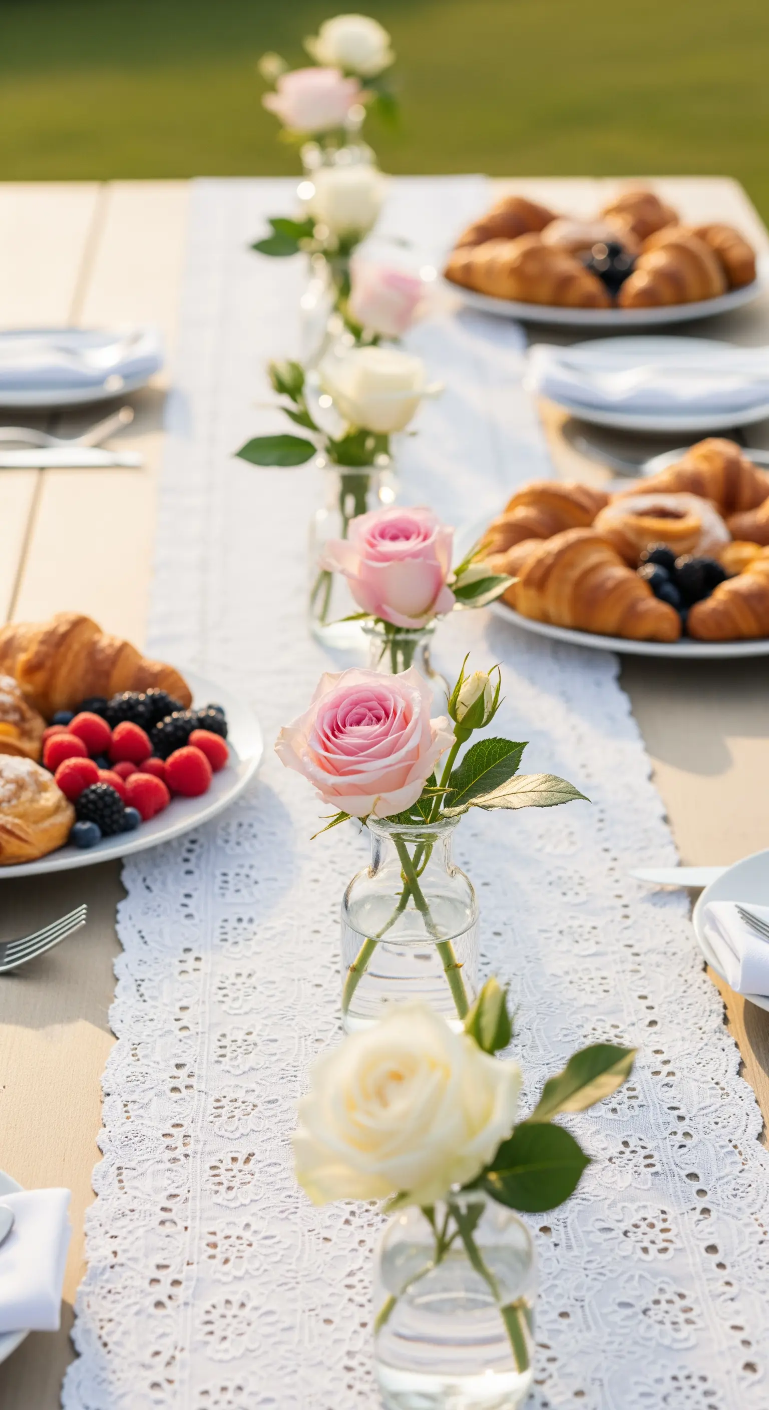 Schlichte Tischdeko für ein Frühstück mit einzelnen Rosen auf einem Spitzenläufer.