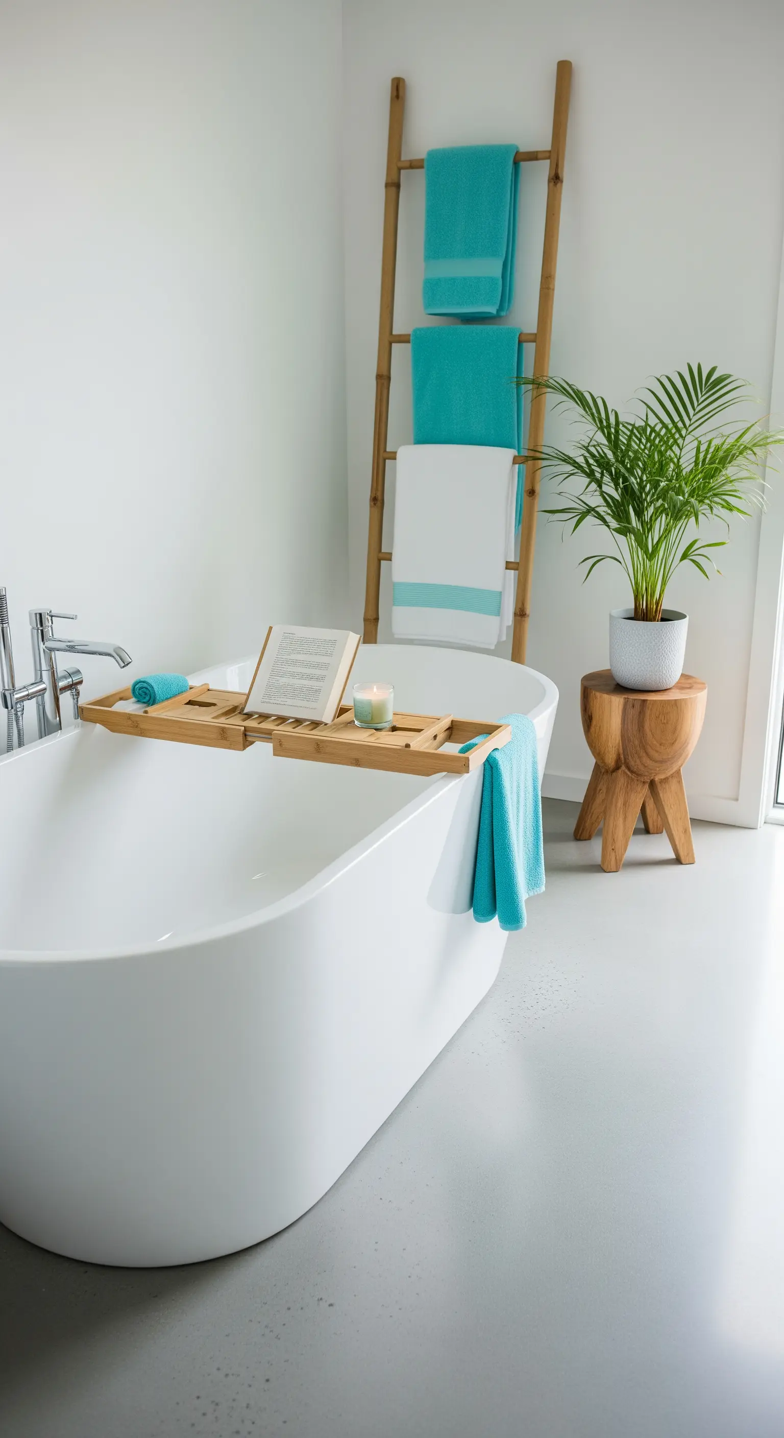 Modernes Badezimmer mit Bambusleiter, Badewannenablage und türkisfarbenen Handtüchern