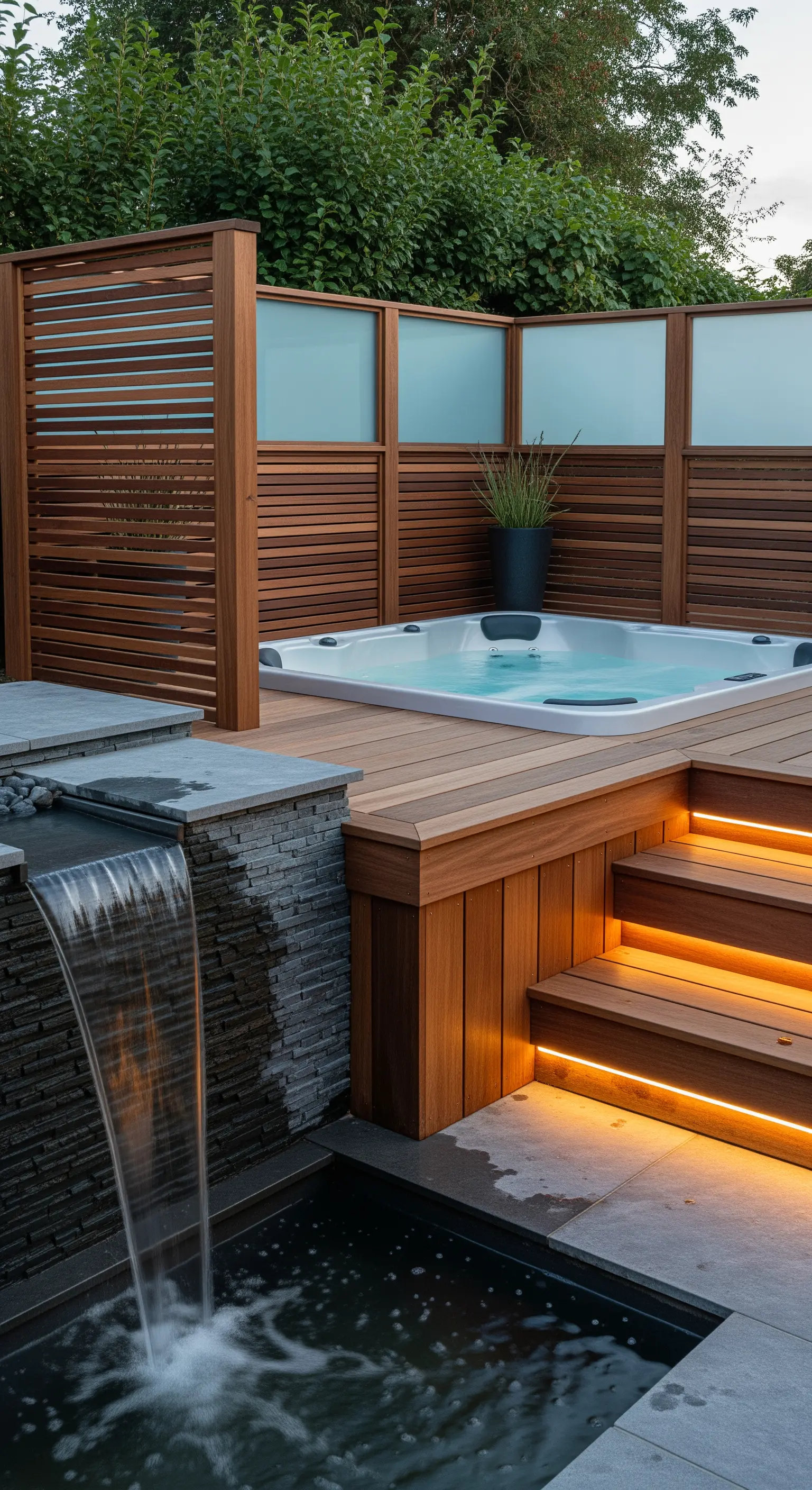 Moderner Whirlpool in einer Holzterrasse mit Steg-Wasserfall und warmer LED-Stufenbeleuchtung.