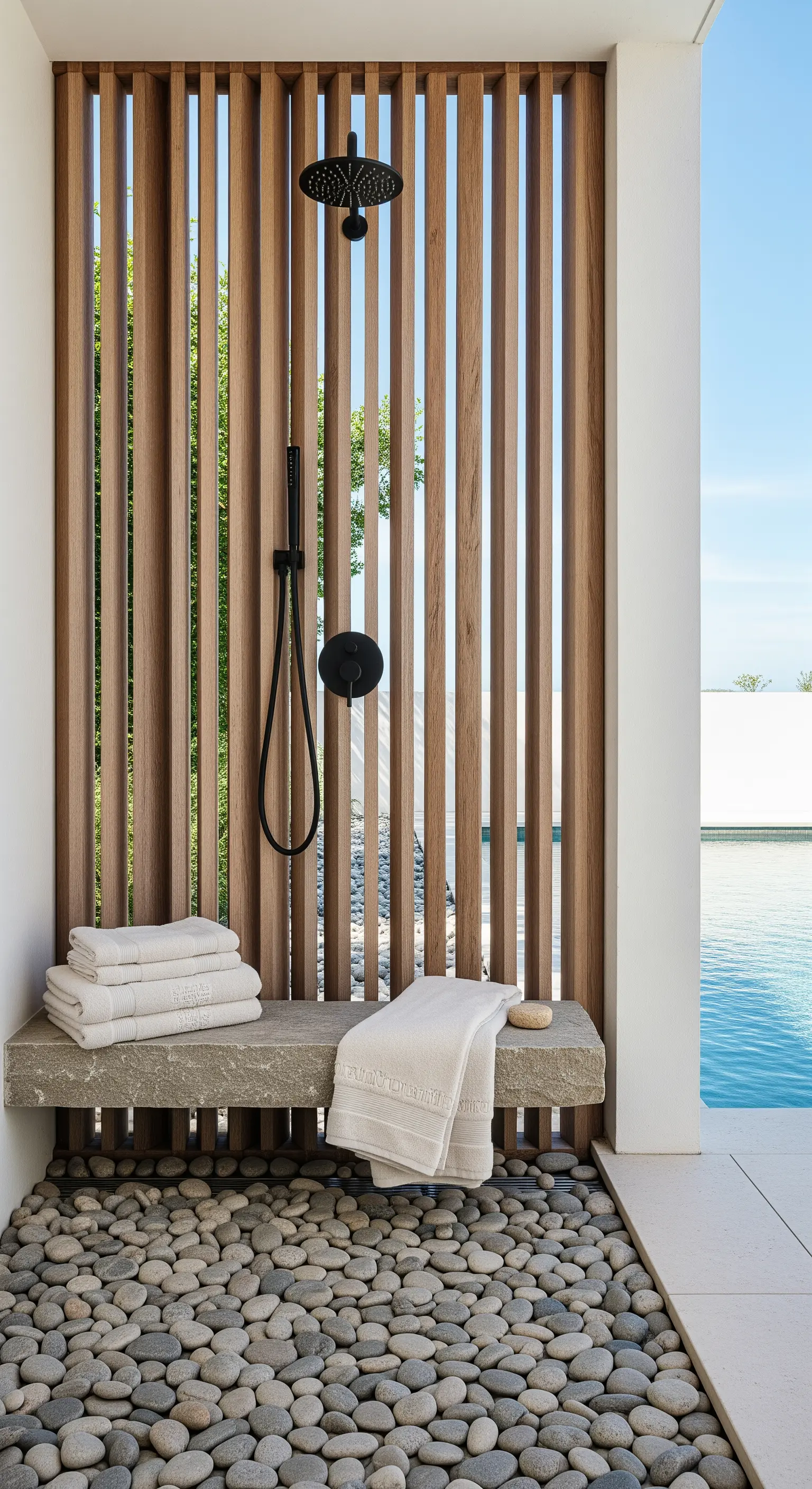 Outdoor-Dusche mit Holzlamellenwand, Kiesboden, Steinbank und schwarzen Armaturen