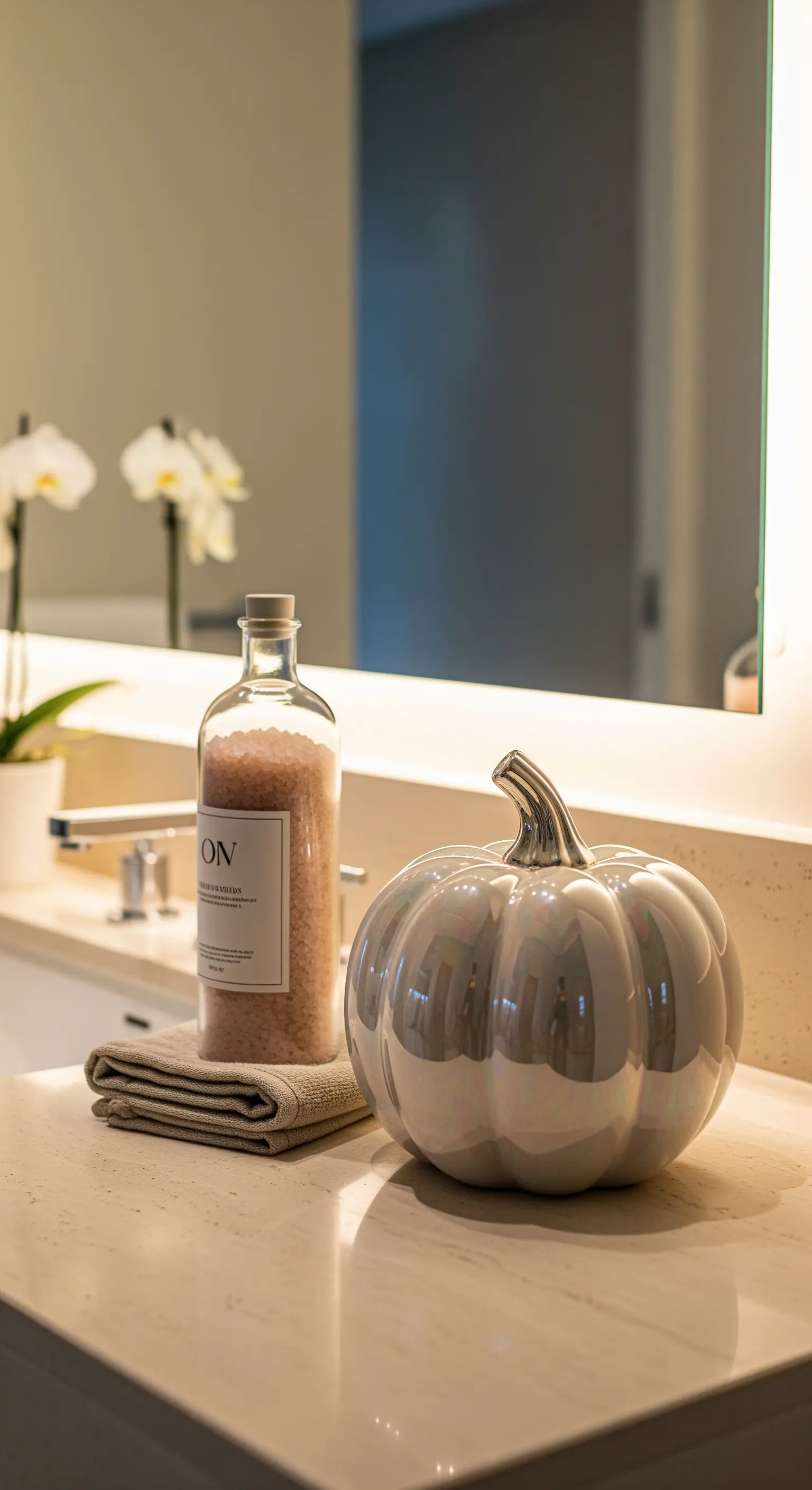 Badezimmer-Waschtisch mit Badesalzflasche, Handtuch und schimmerndem Perlmutt-Kürbis.