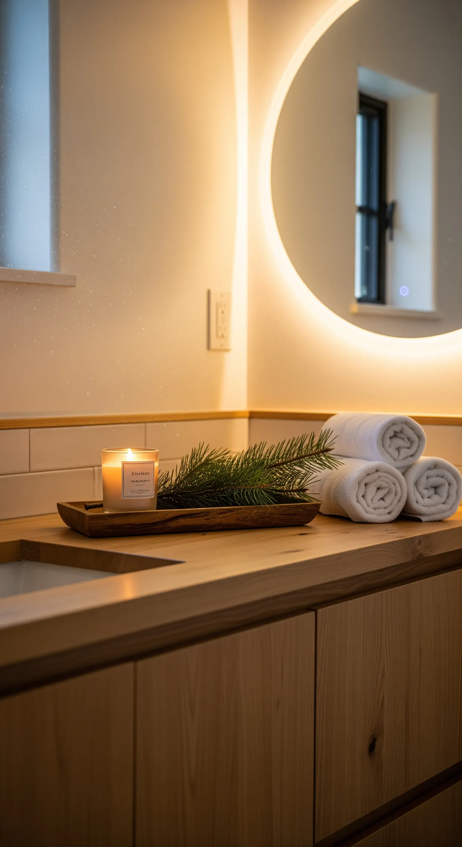Badezimmer mit beleuchtetem Spiegel, Kerze, Tannenzweig auf Holztresen.