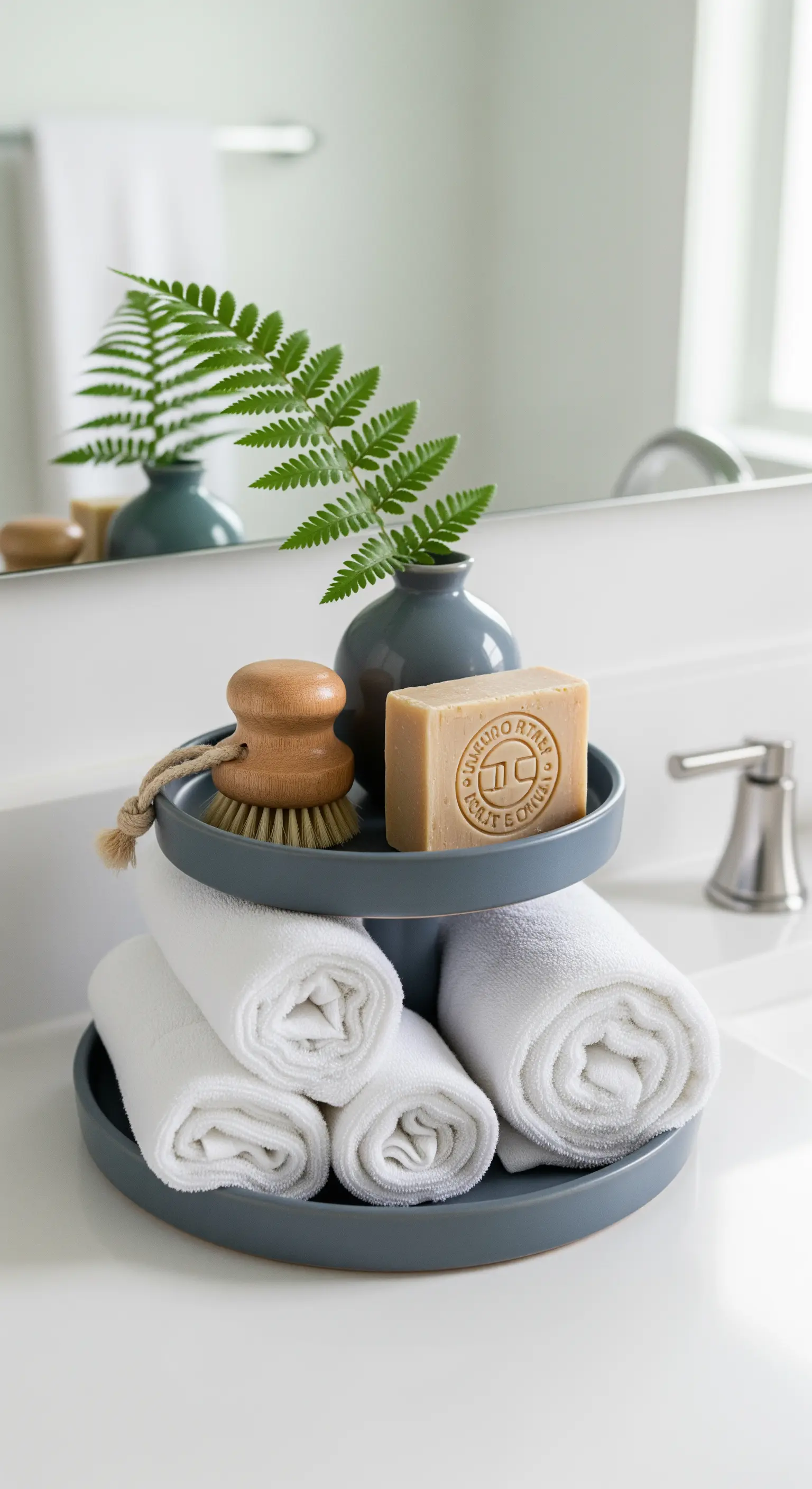 Graue Badezimmer-Etagere mit Handtüchern und Seife