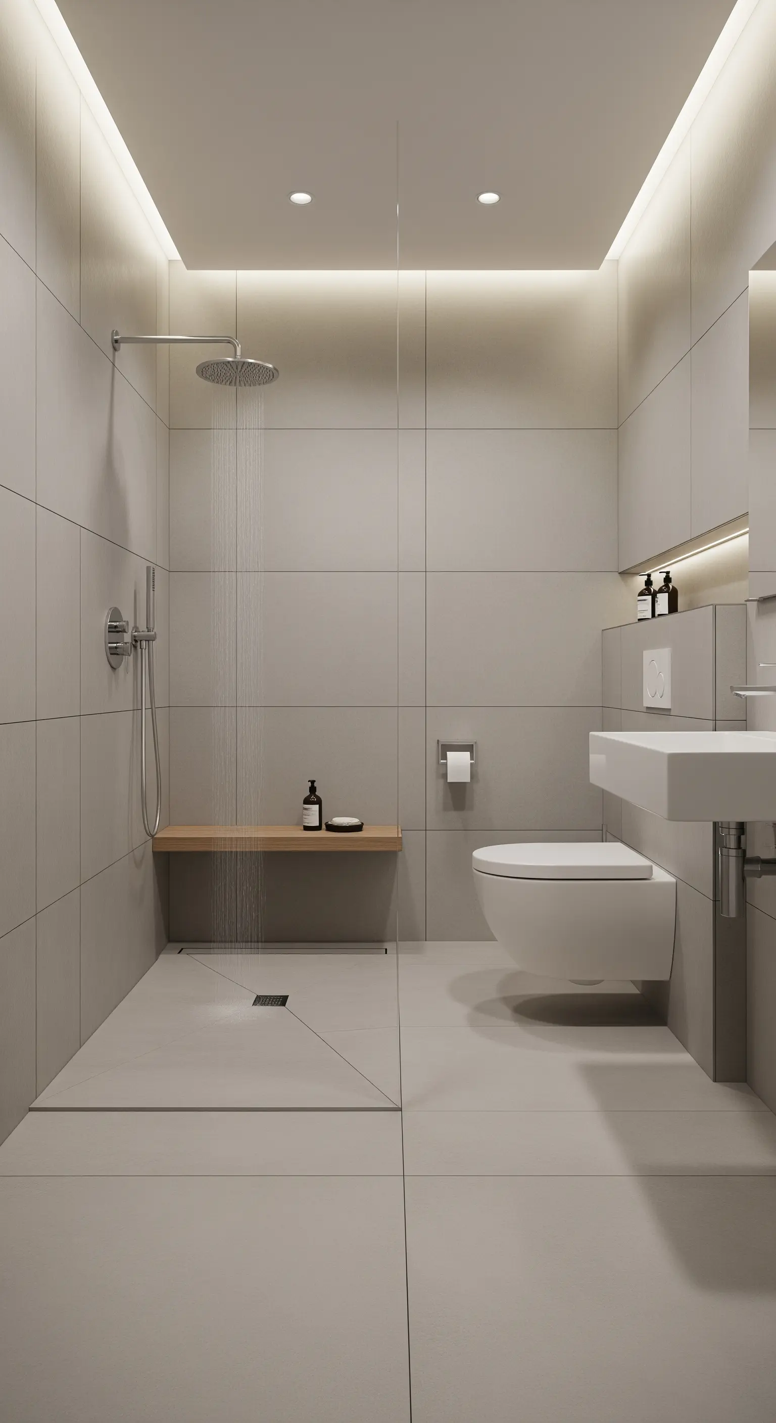 Bodengleiche Dusche mit Holzbank und indirekter Deckenbeleuchtung.