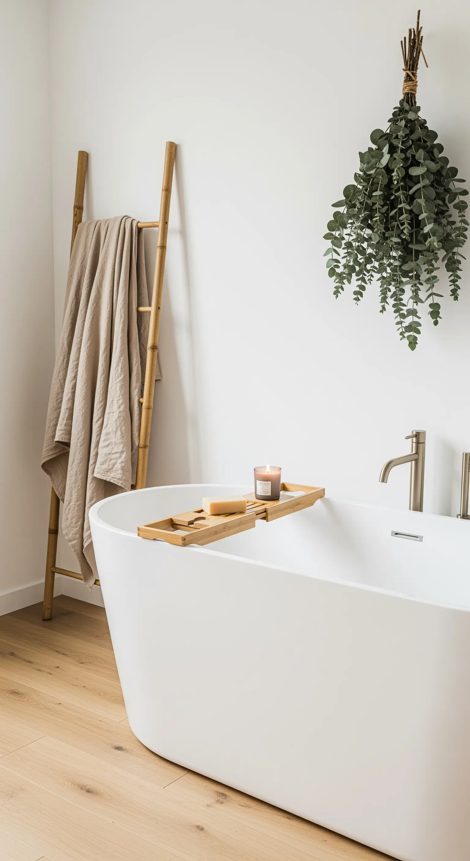 Modernes Badezimmer mit Bambusleiter und einem Bund Eukalyptus über der Wanne.