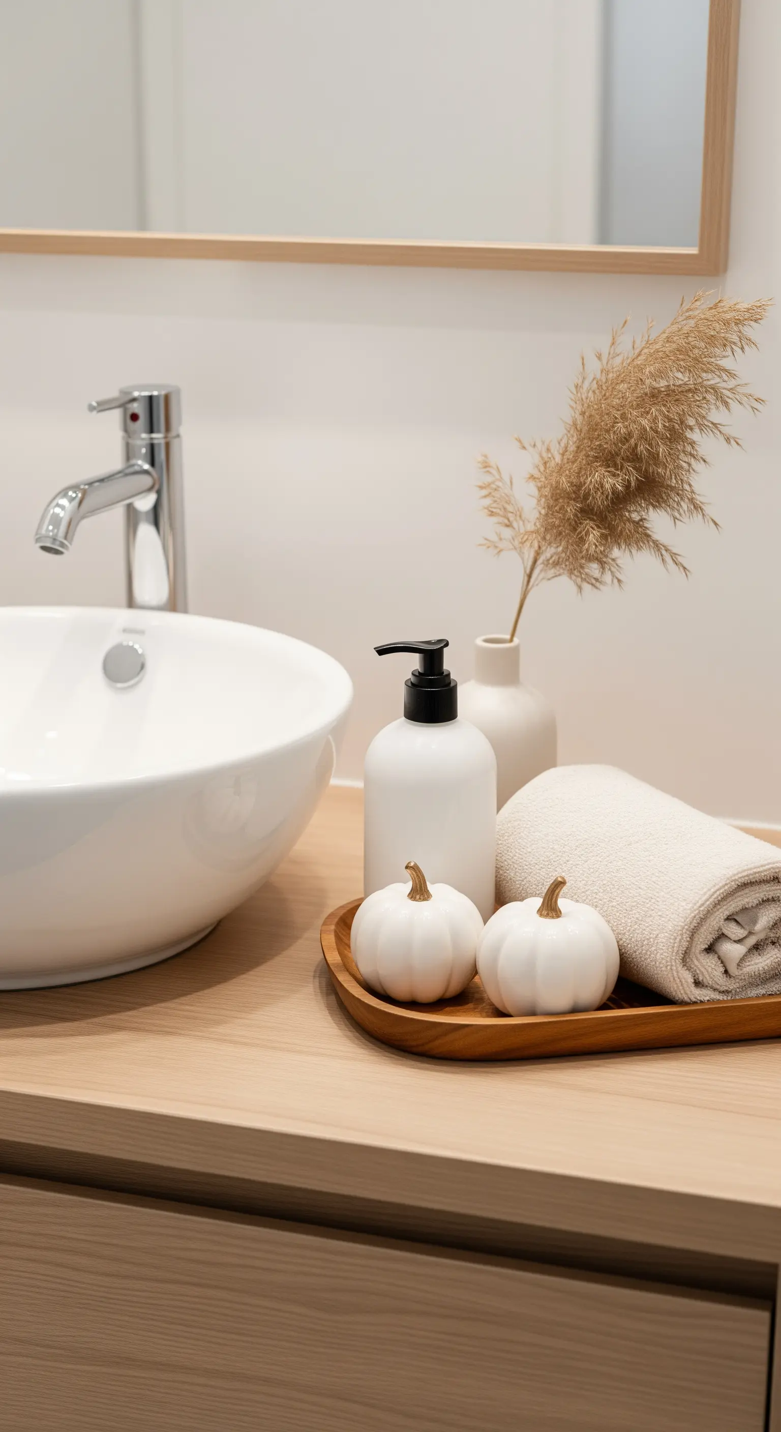 Holztablett im Bad mit zwei kleinen weißen Kürbissen, Handtuch und Seifenspender.