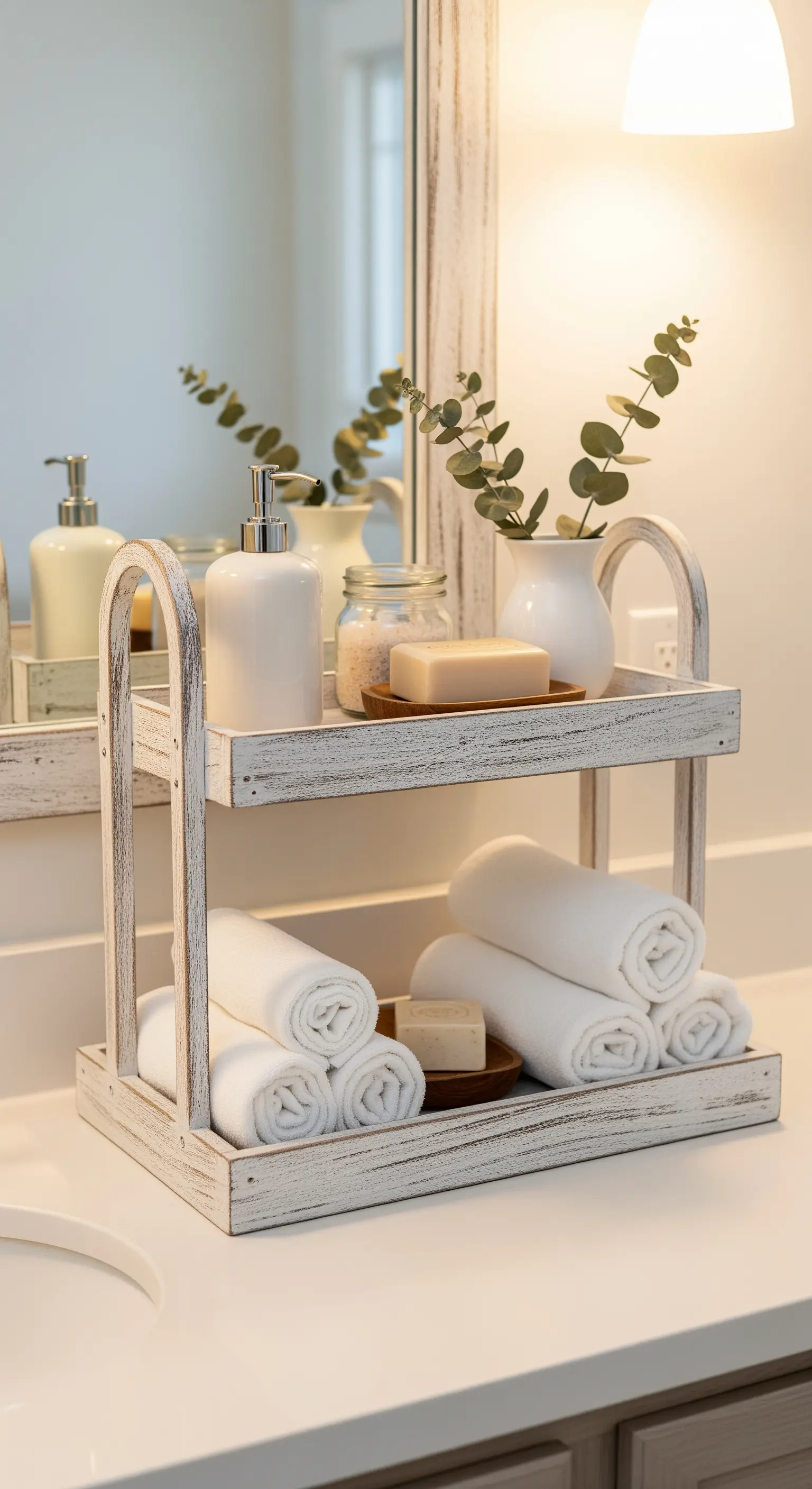 Weiße Holz-Etagere im Badezimmer mit gerollten Handtüchern, Seifenspender und Eukalyptus.