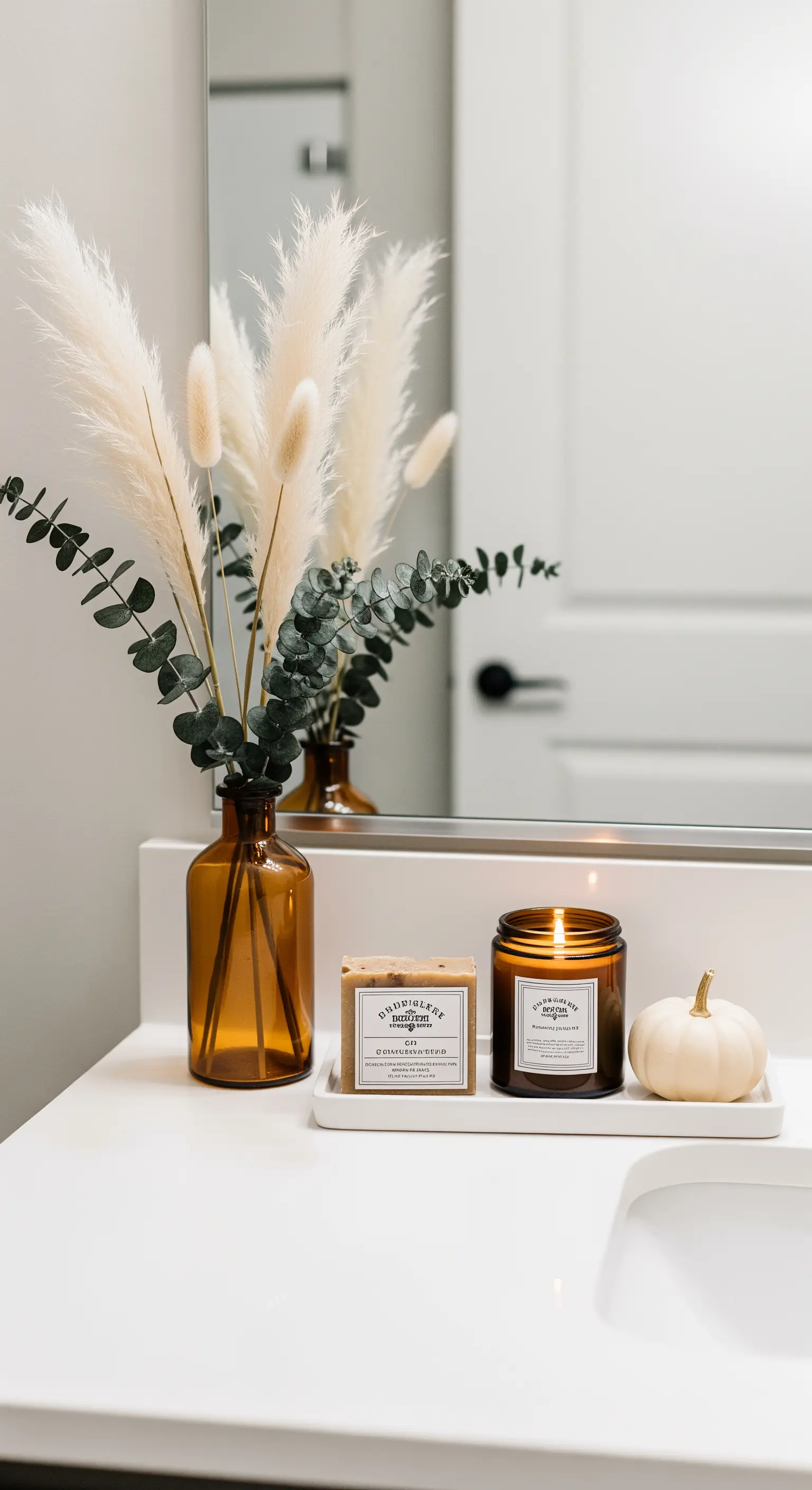 Badezimmer-Waschtisch mit Pampasgras in brauner Flasche, Kerze und weißem Kürbis.