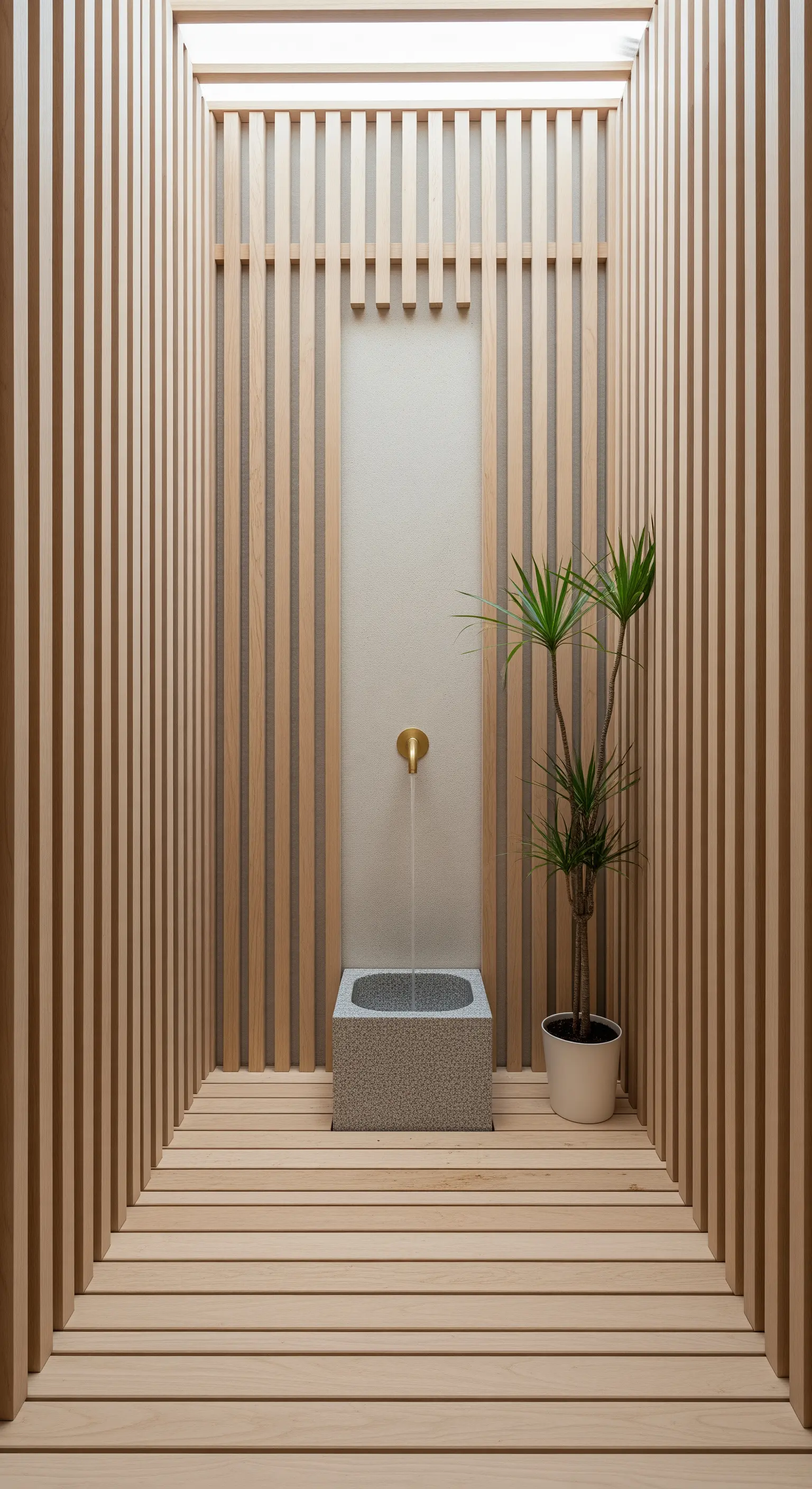 Minimalistische Duschkabine, komplett mit hellen Holzlatten verkleidet, mit Steinwaschtisch.