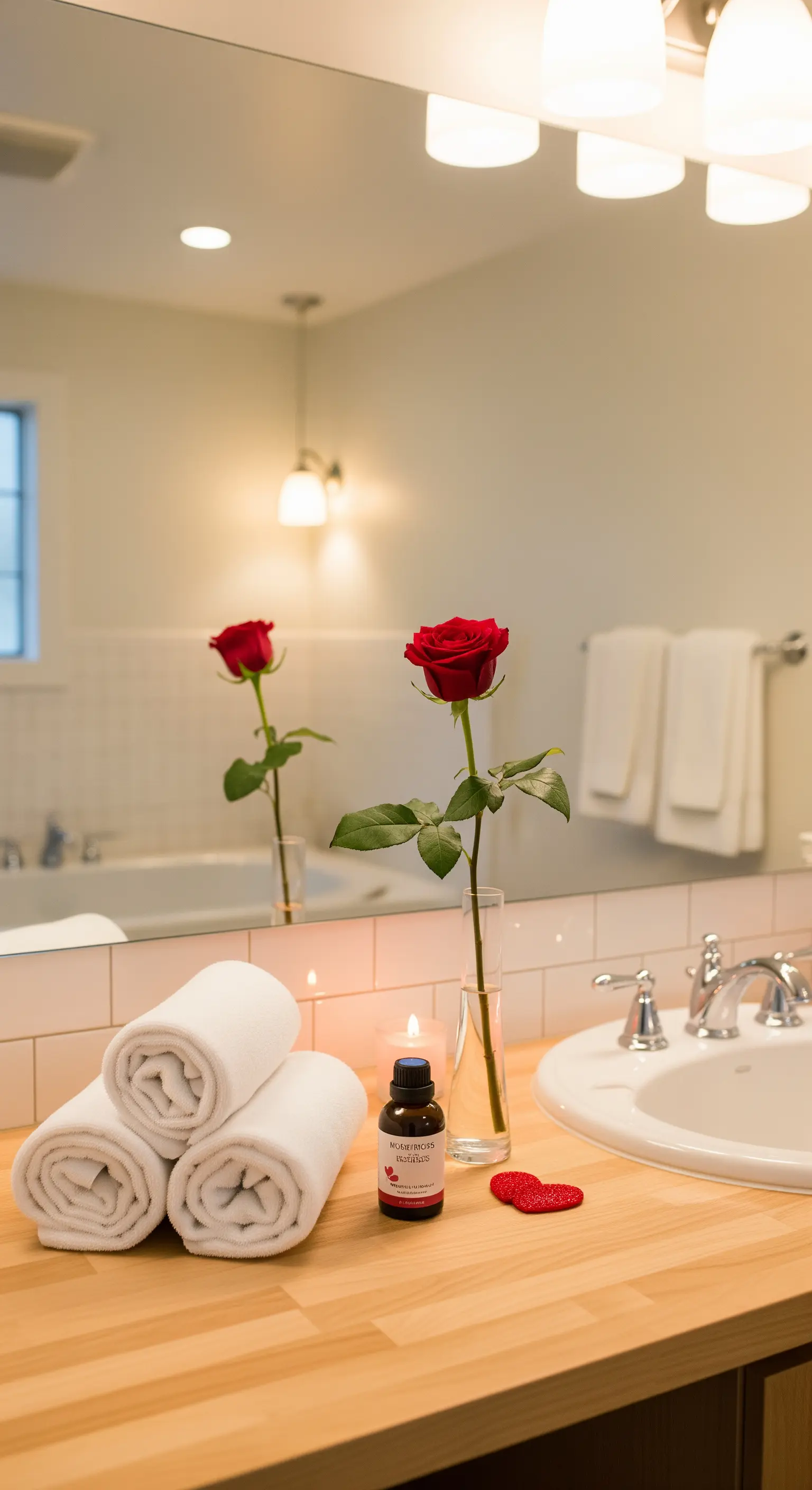 Badezimmer-Waschtisch mit aufgerollten Handtüchern, roter Rose in Vase, Kerze und Herz.