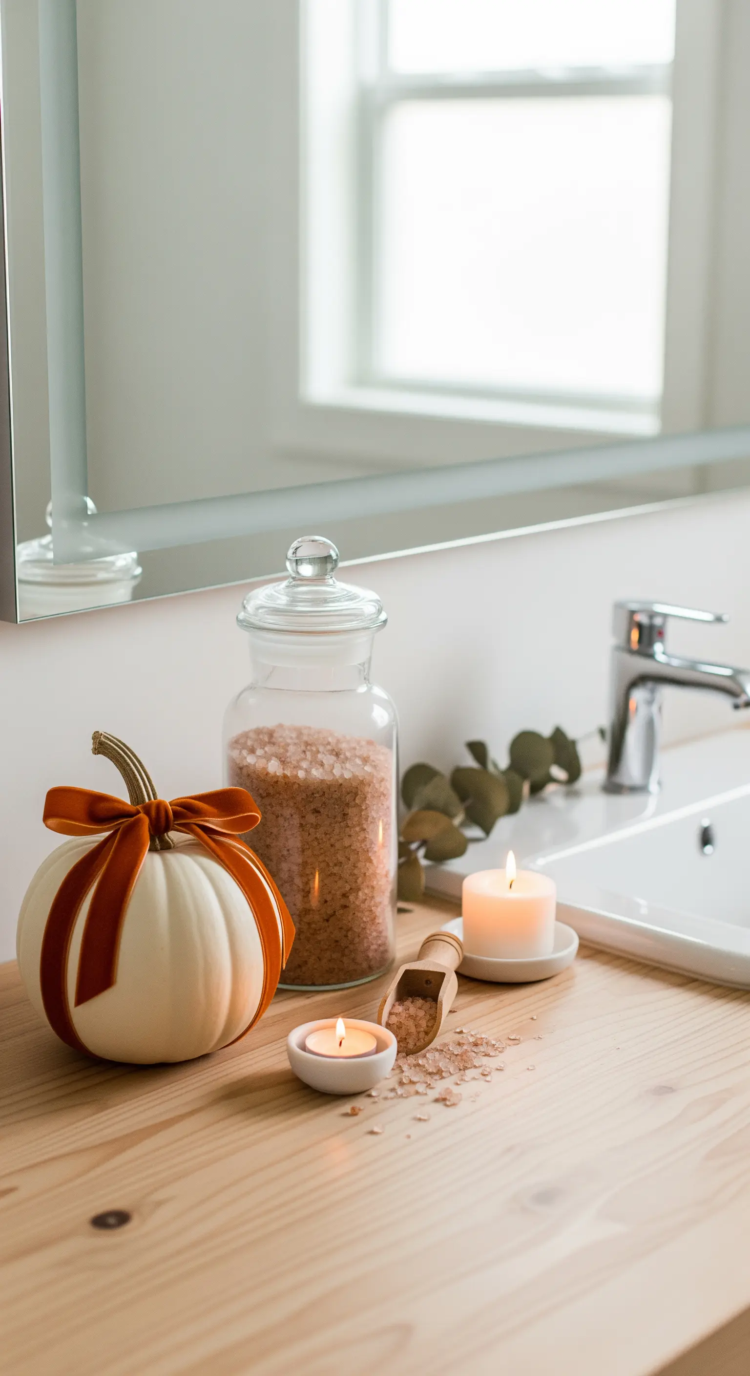 Badezimmerablage mit weißem Kürbis, Badesalz, Kerzen und Eukalyptus.