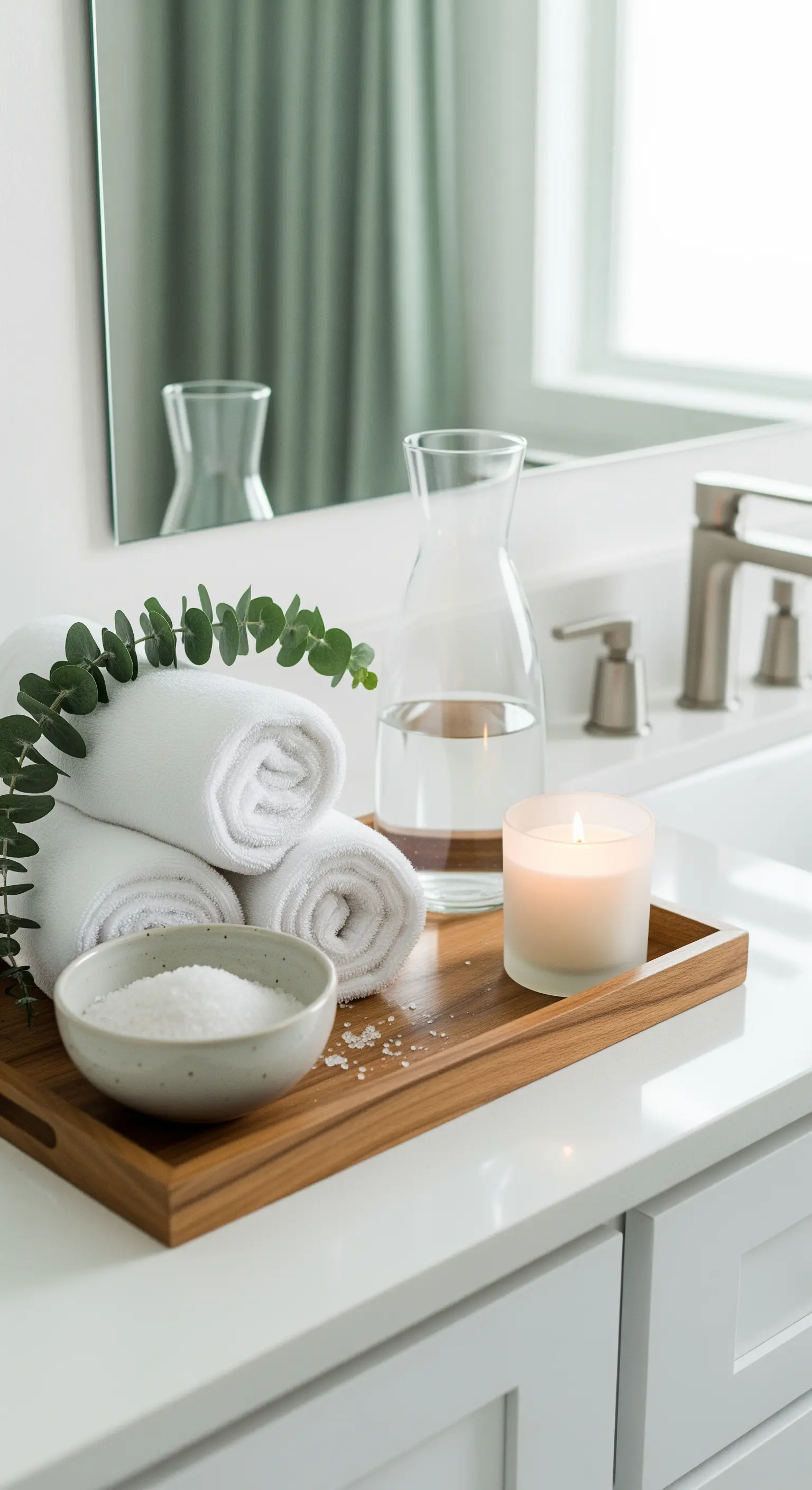 Badezimmerdeko mit gerollten Handtüchern, Eukalyptus, Karaffe, Kerze auf Holztablett.