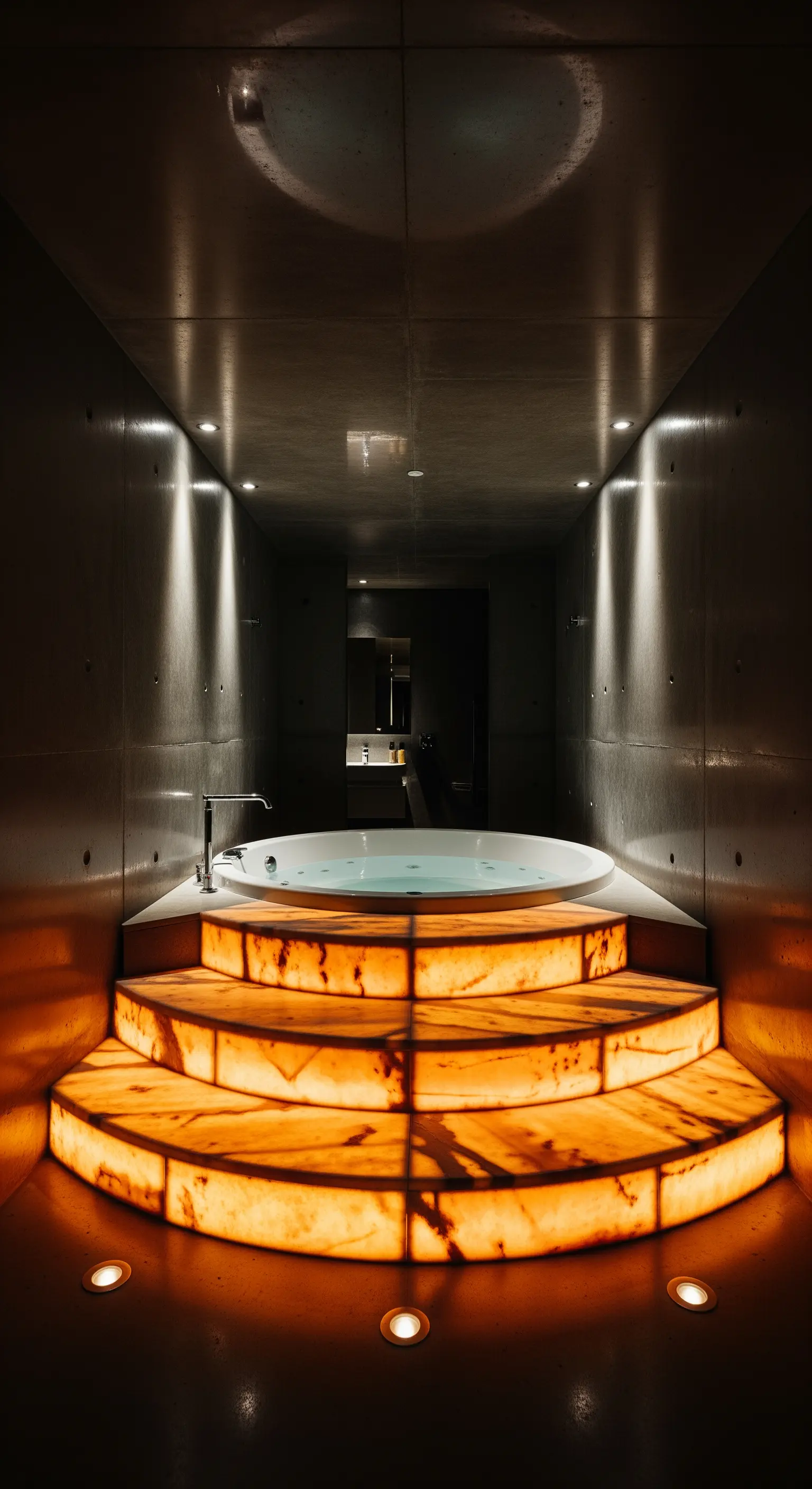 Beleuchtete Onyx-Stufen, eingelassener Whirlpool, dunkle Betonwände