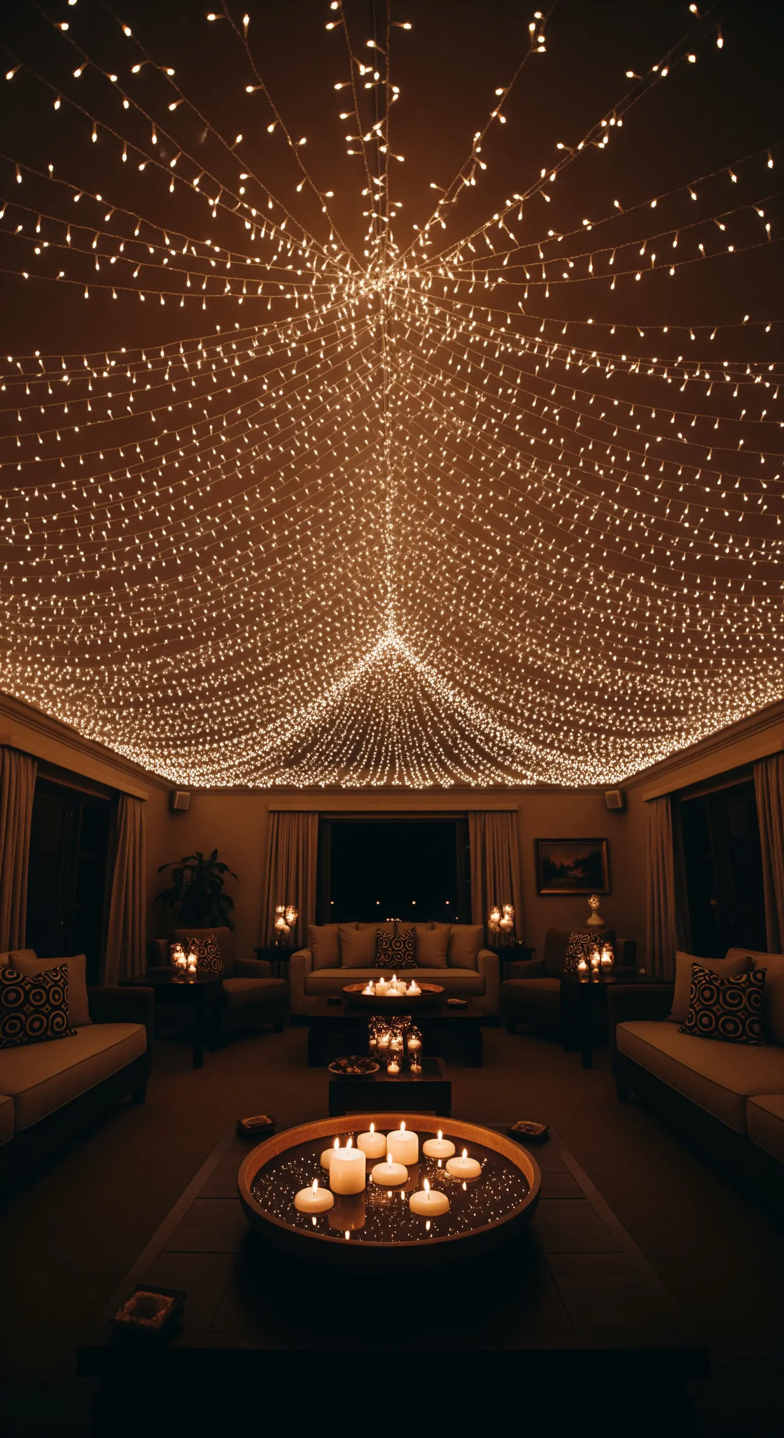 Wohnzimmerdecke, die vollständig mit von der Mitte ausgehenden Lichterketten bedeckt ist.