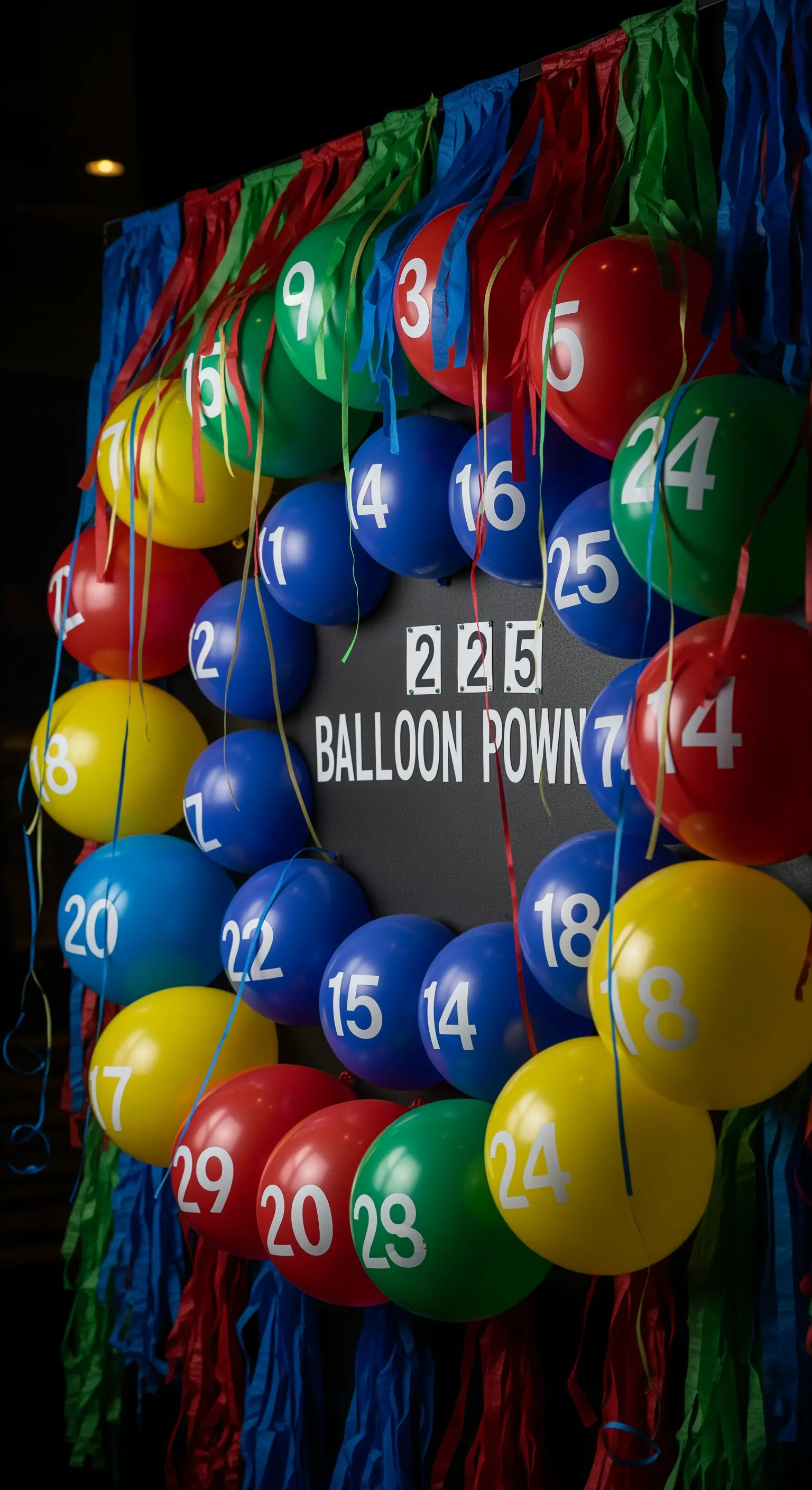 Ballon-Pop-Spiel mit nummerierten Ballons auf einer bunten Wand.