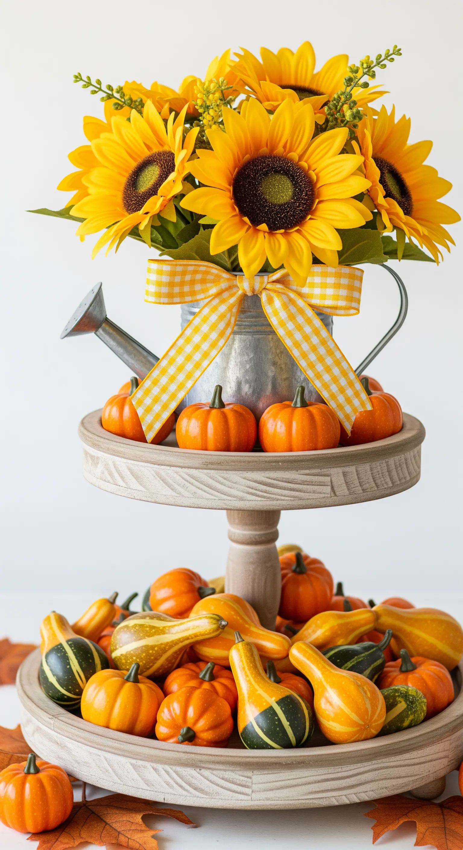 Herbst-Etagere mit Sonnenblumen in einer Gießkanne und Zierkürbissen.