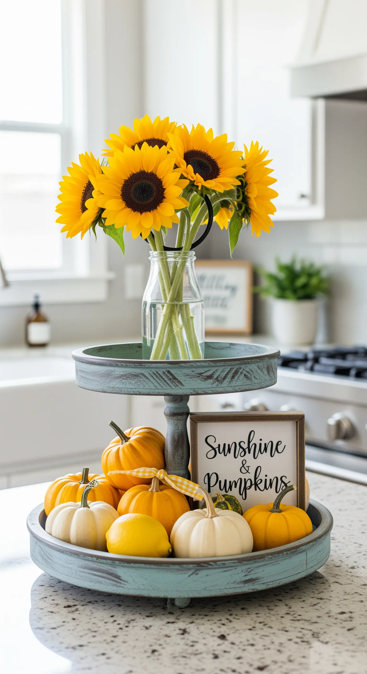 Blaugrüne Etagere mit Sonnenblumen, Kürbissen und einer Zitrone
