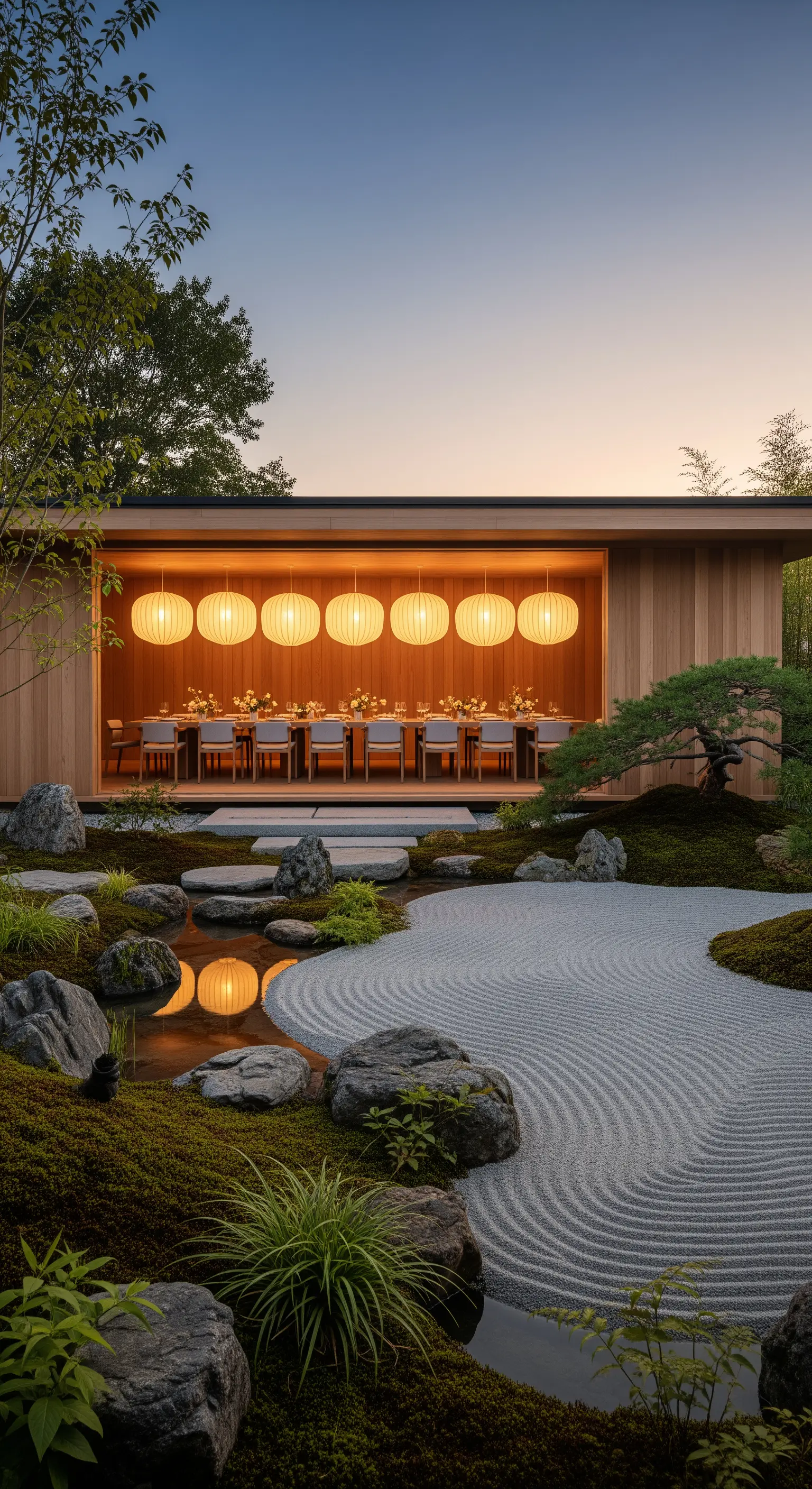 Japandi Essbereich, Laternenreihe, Zen Garten, Wasserspiel