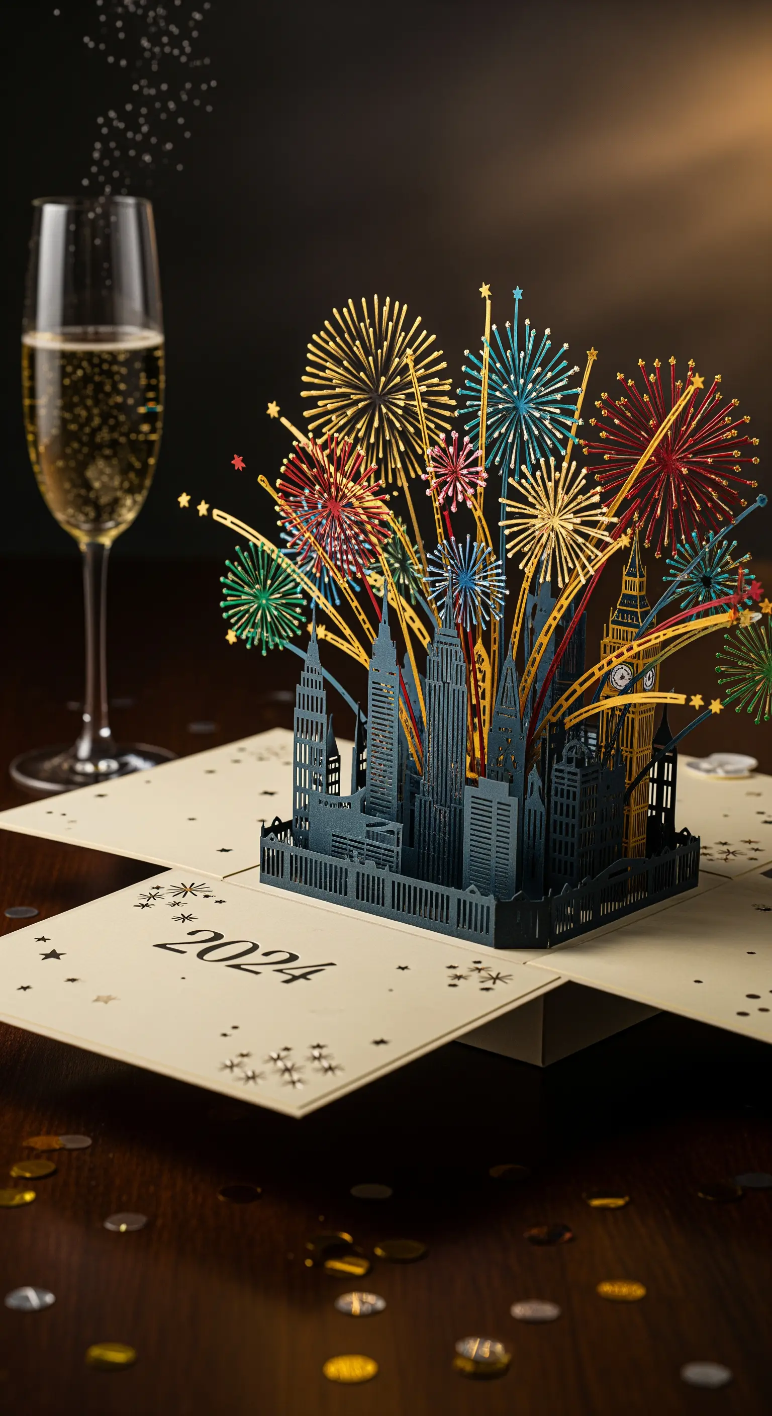 3D-Pop-up-Karte mit Feuerwerk über Stadtlandschaft und