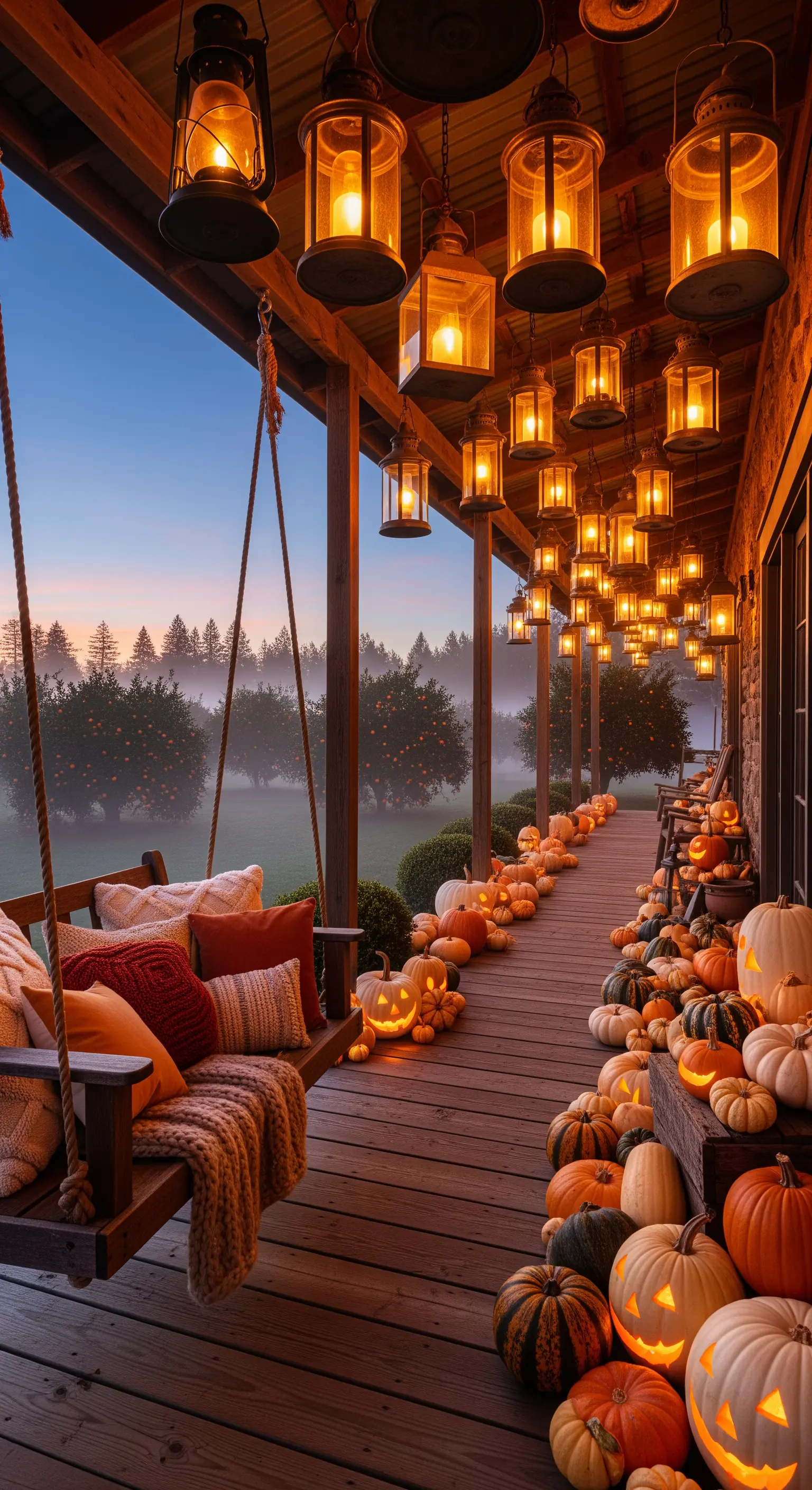 Veranda mit vielen hängenden Laternen, unzähligen Kürbissen und Schaukel.