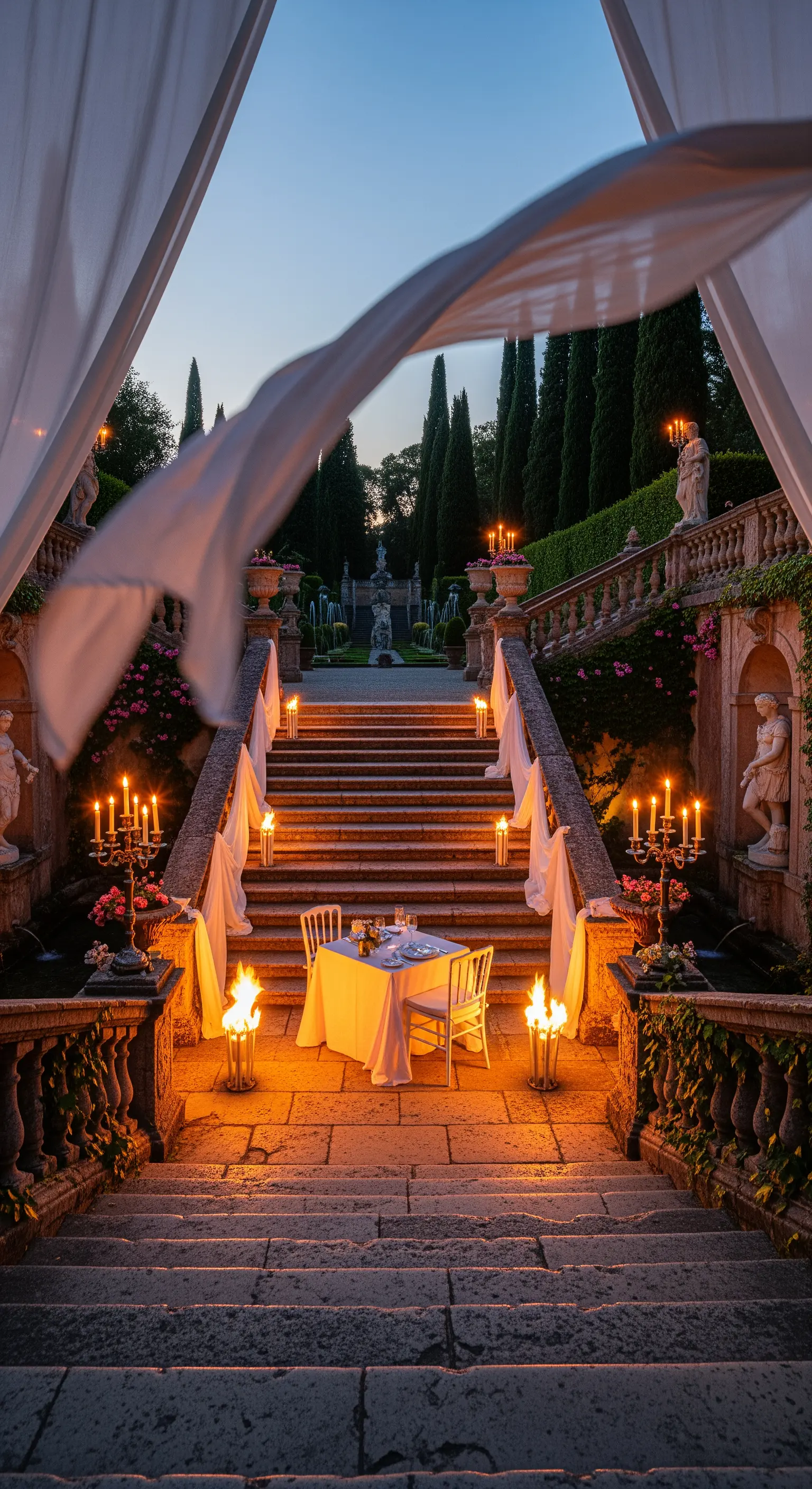 Romantisches Dinner für zwei auf einer großen Steintreppe mit Kerzen, Fackeln und wehendem Stoff.