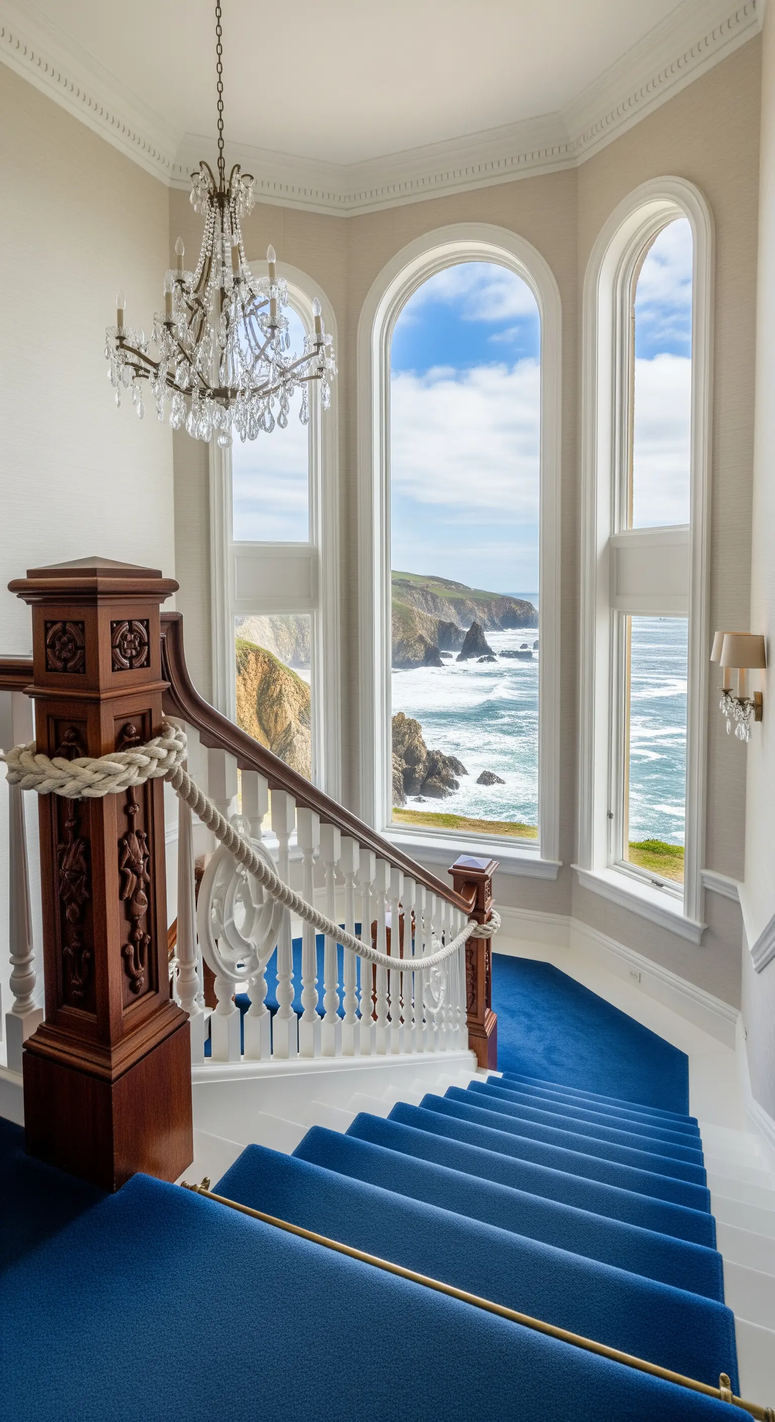 Treppenhaus mit blauer Treppe, Bogenfenstern und Meerblick