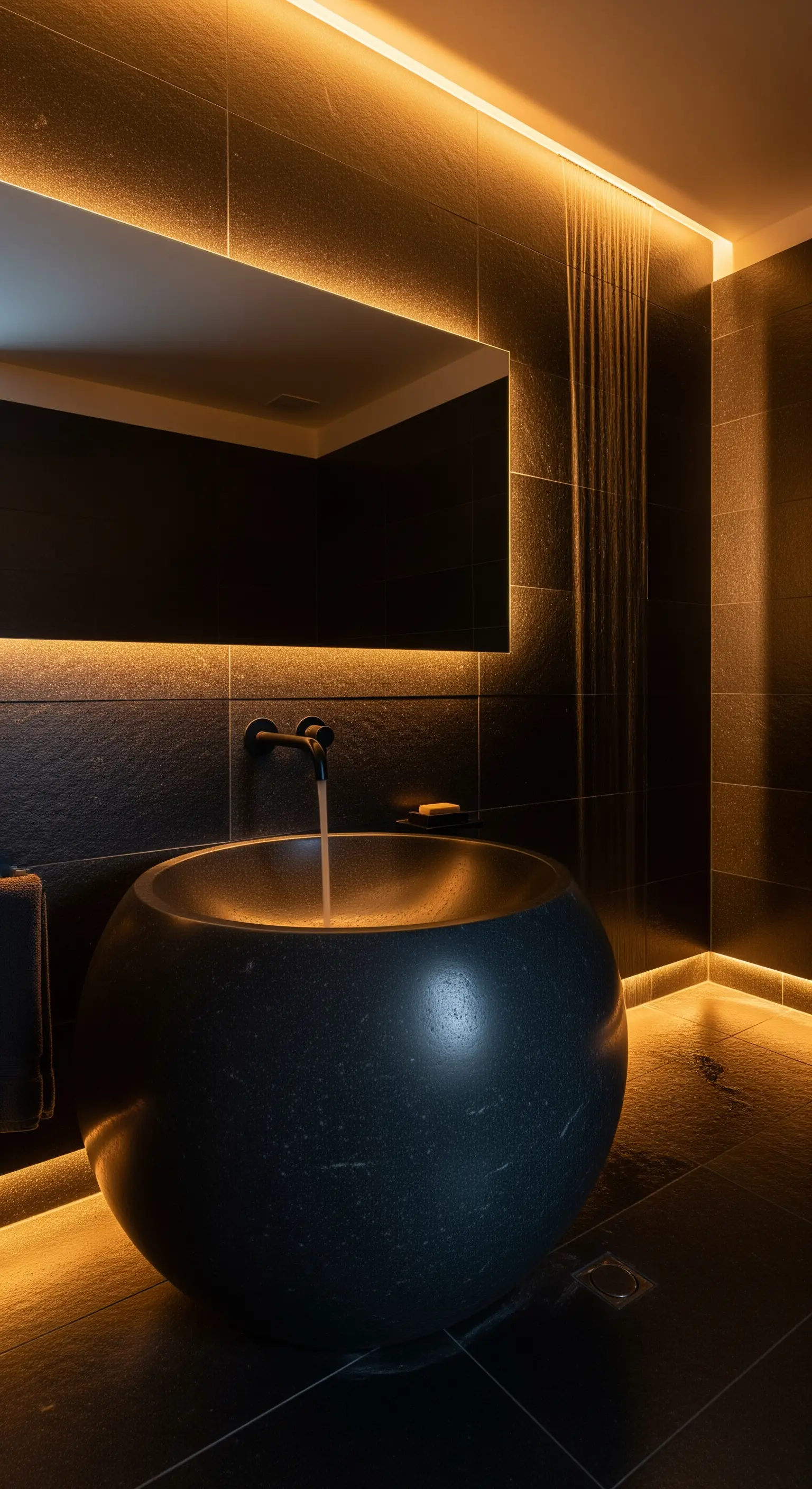 Sphärisches Steinwaschbecken, indirekte Beleuchtung, Wasserfallhahn, dunkle Fliesen