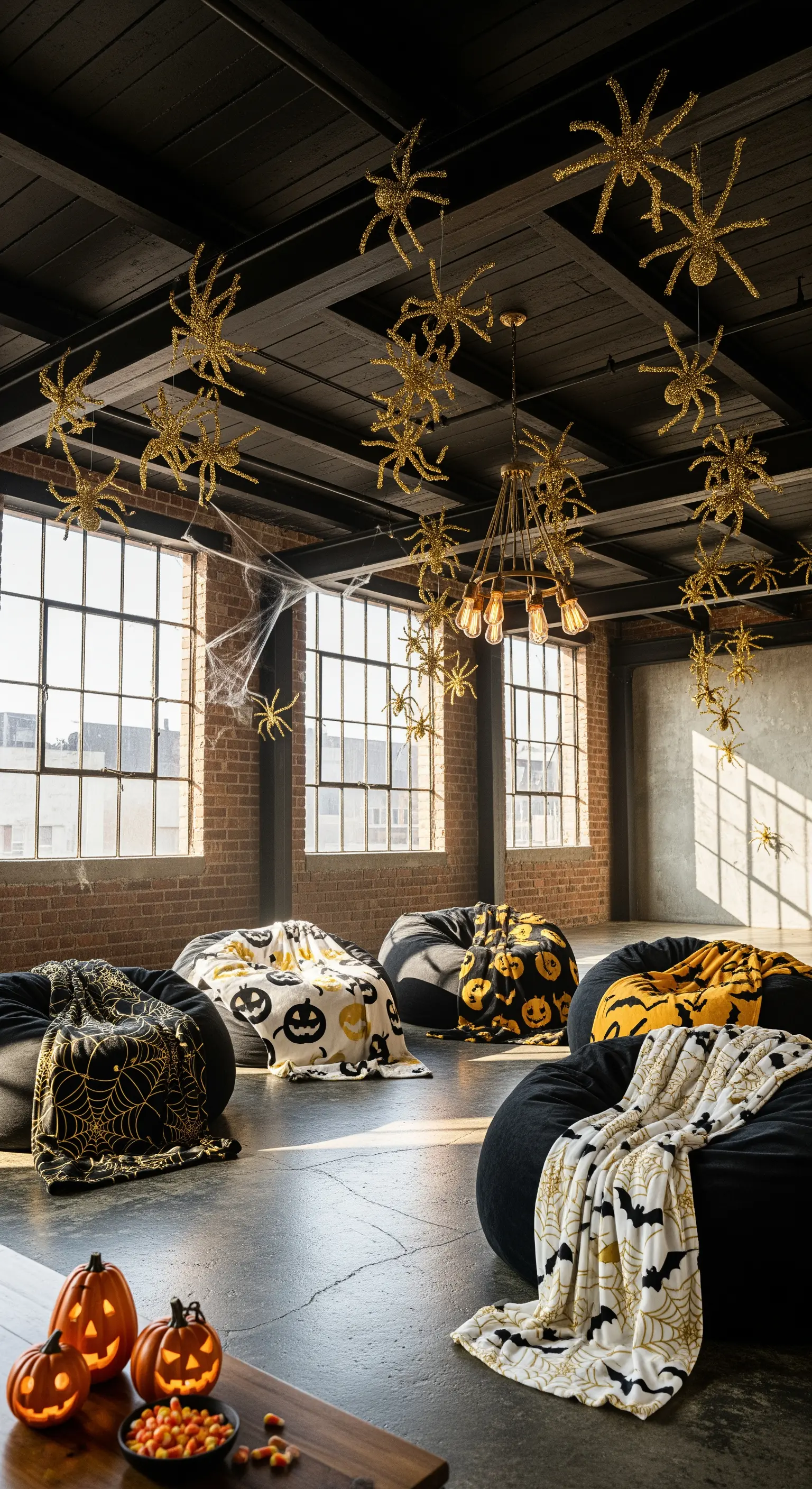 Loft mit hängenden goldenen Spinnen, Beanbags und Halloween-Decken