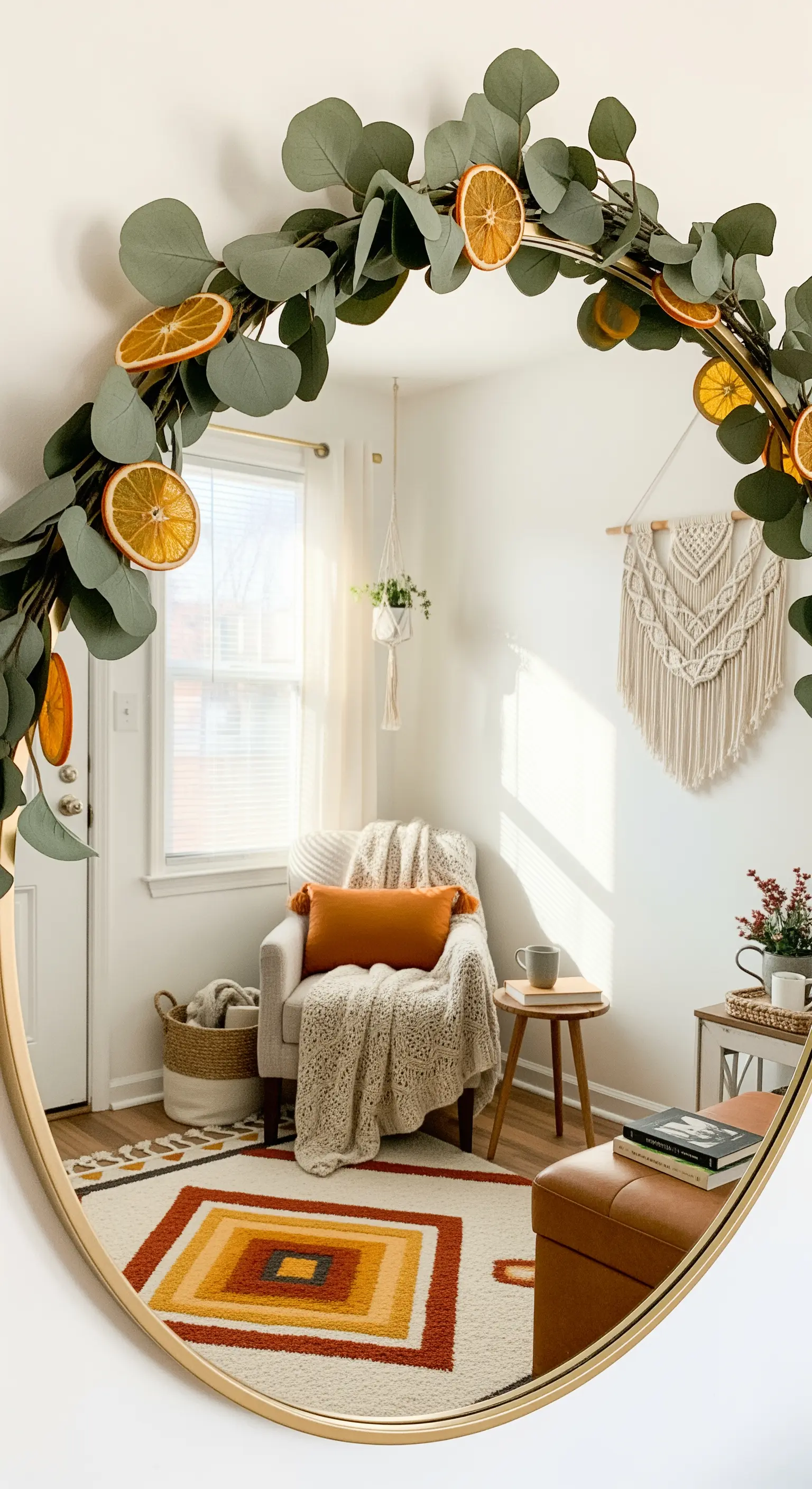 Runder Spiegel mit Eukalyptus-Orangenscheiben-Girlande, Sessel und Makramee.