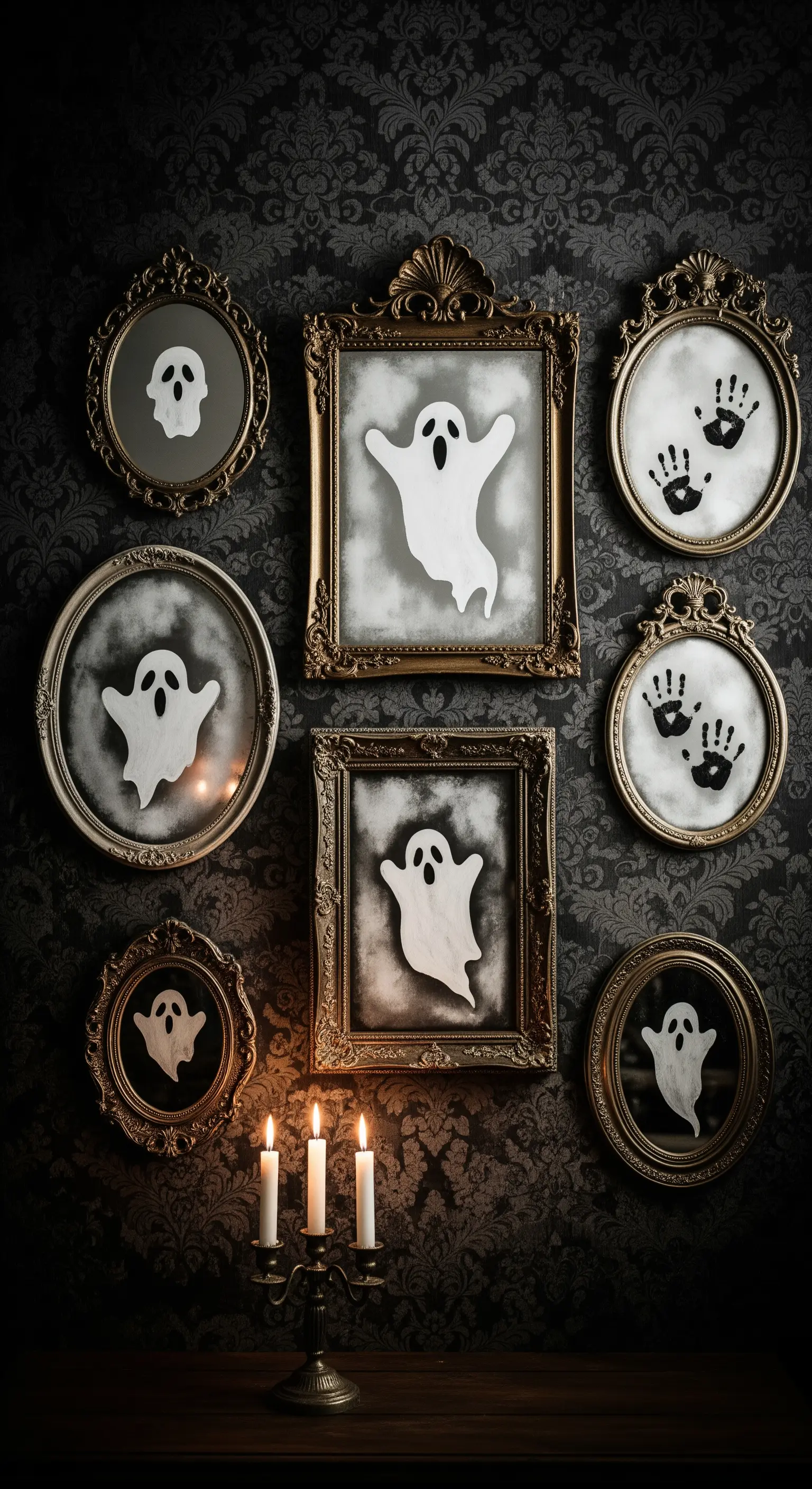 Eine Sammlung von Vintage-Spiegeln an einer dunklen Wand, in denen Geister erscheinen.