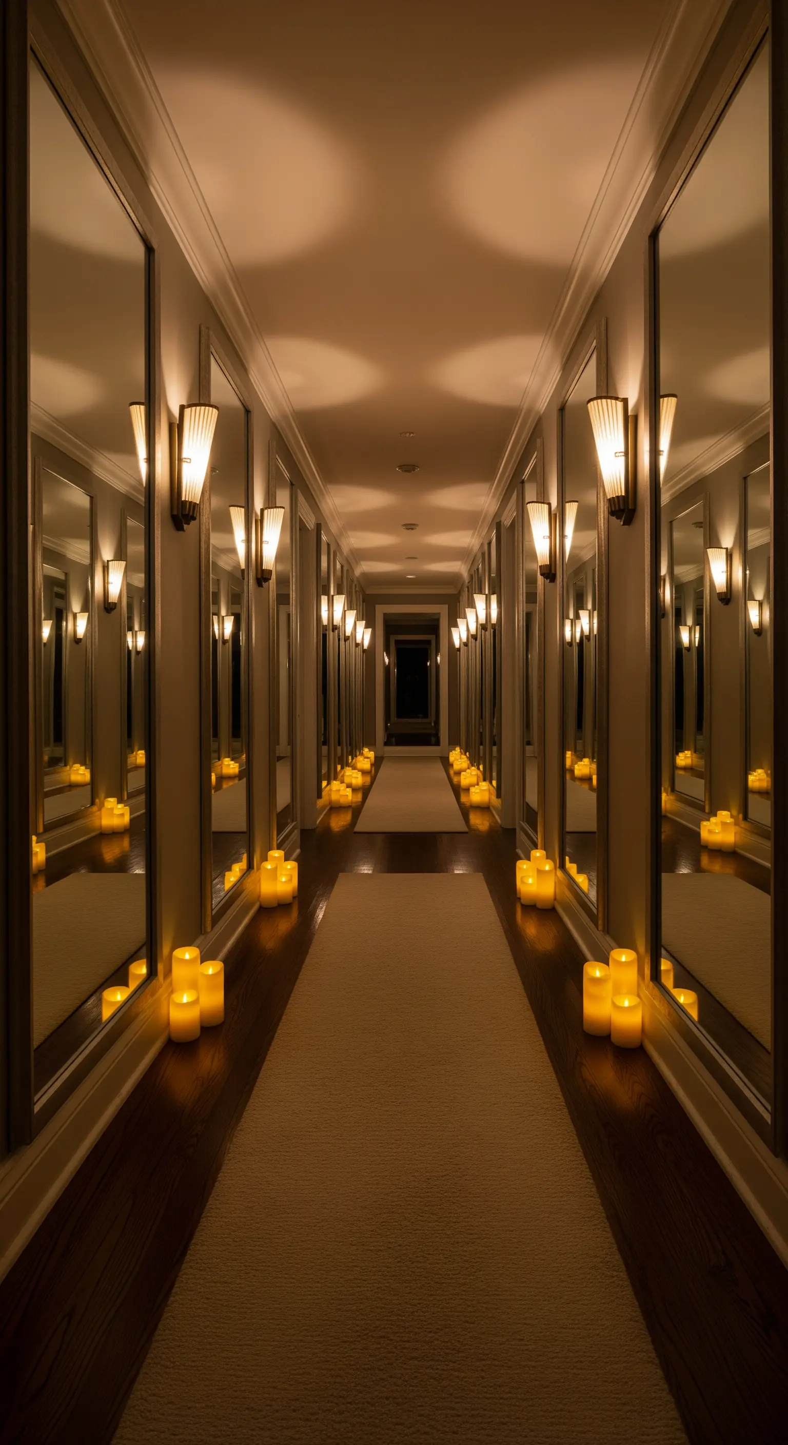 Spiegelverkleideter Flur mit Reihen von Kerzen auf dem Boden