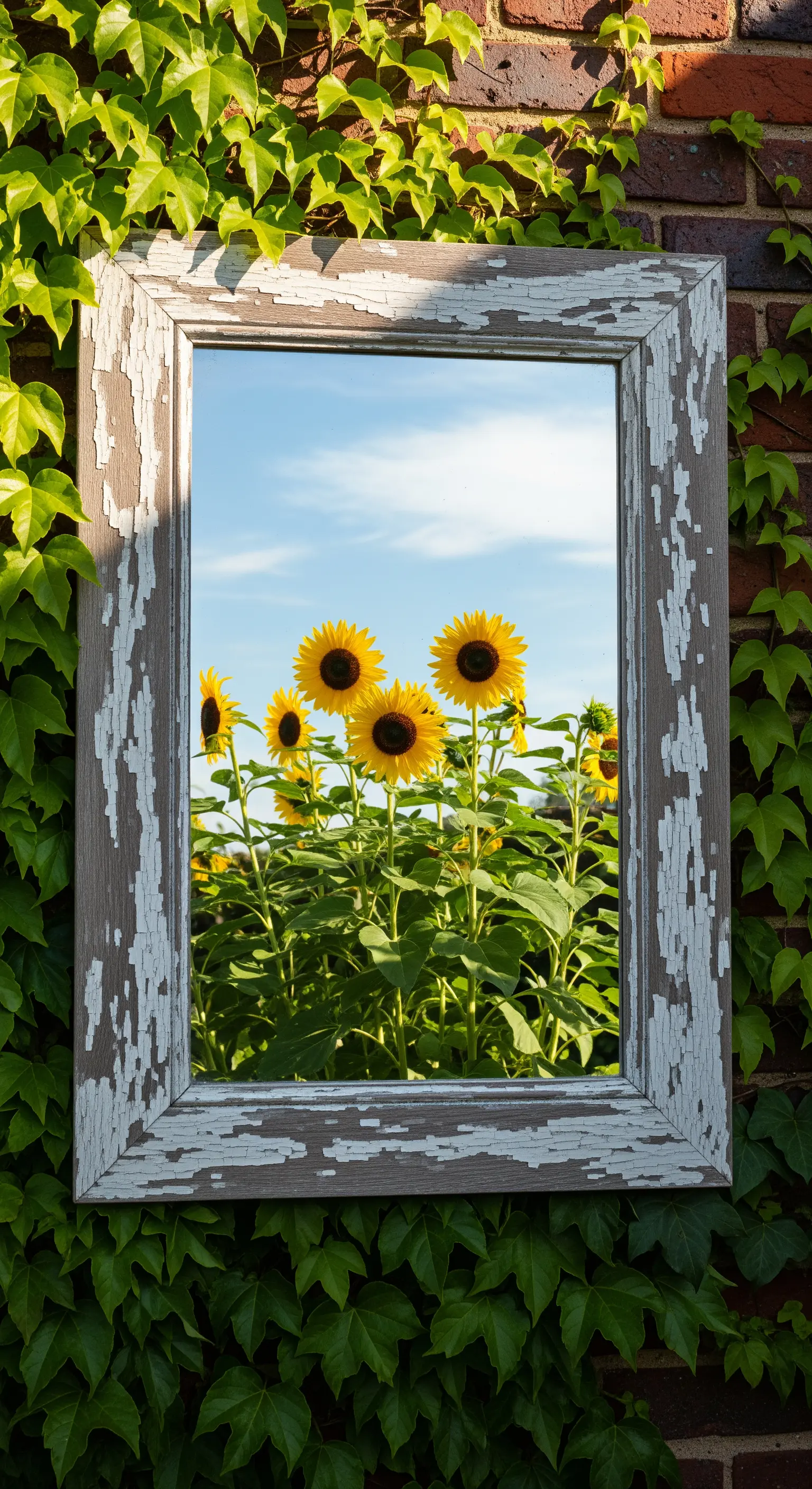 Verwitterter Holzrahmen-Spiegel, der Sonnenblumen reflektiert, an einer Efeuwand.
