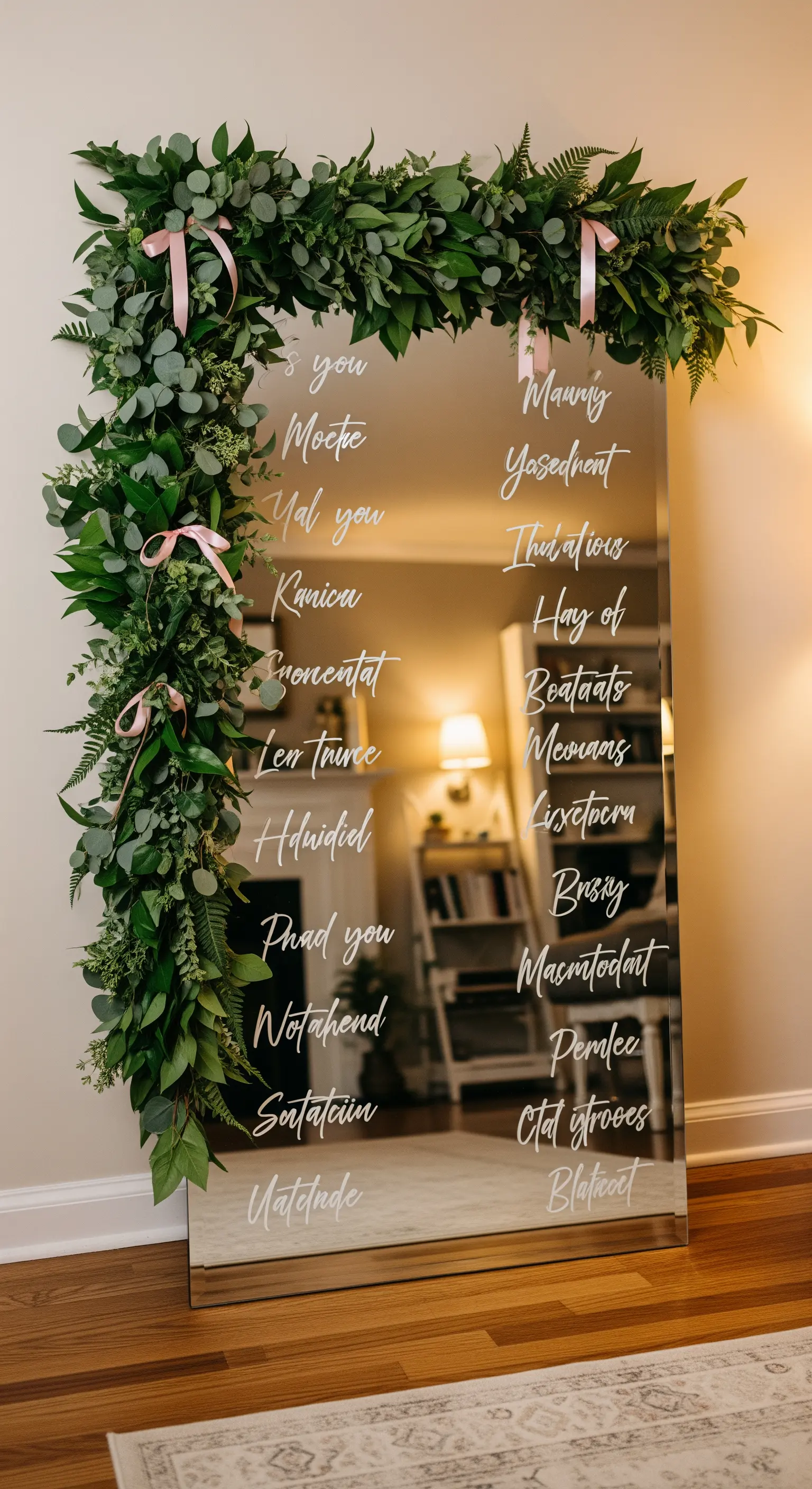 Großer Standspiegel mit einer üppigen Grüngirlande und zarten rosa Satinbändern.