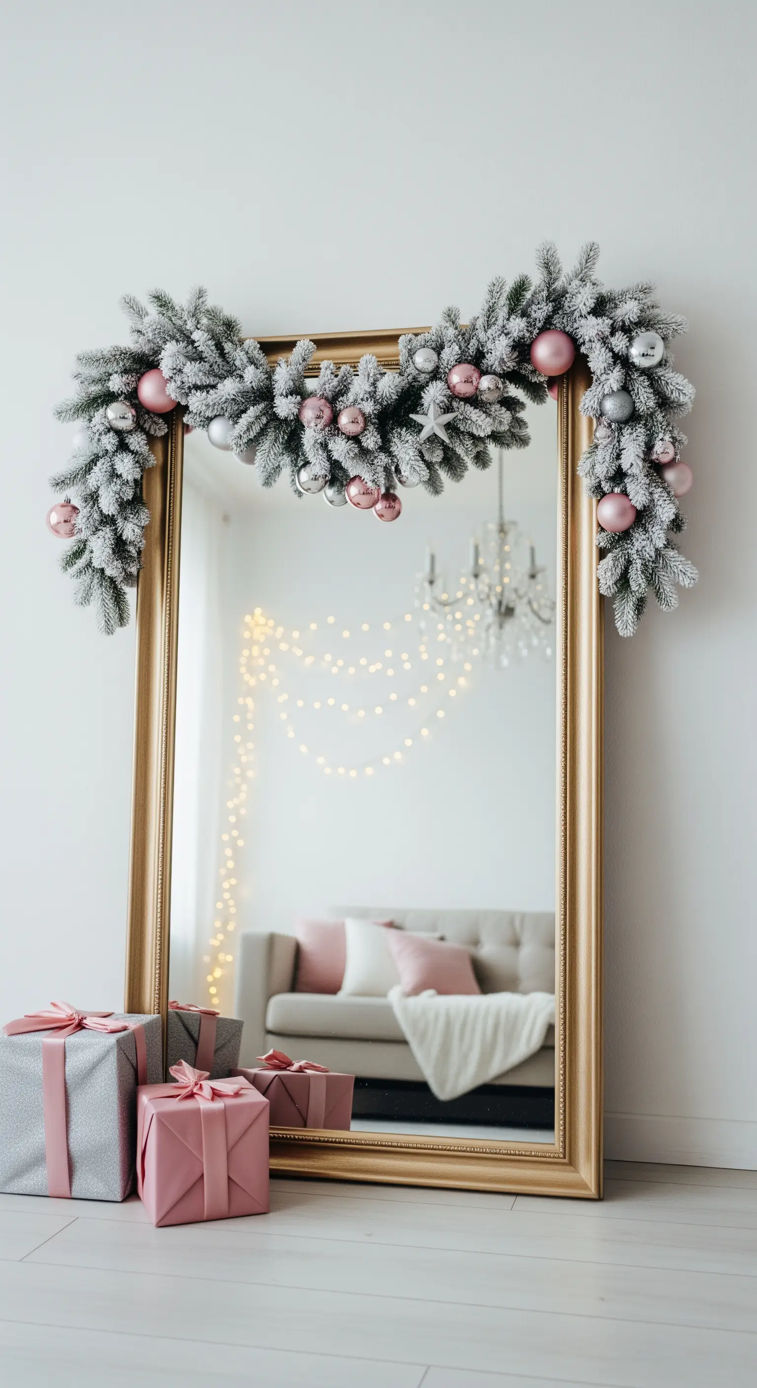 Großer Spiegel mit beflockter Girlande, rosa/silber Kugeln und passenden Geschenken.