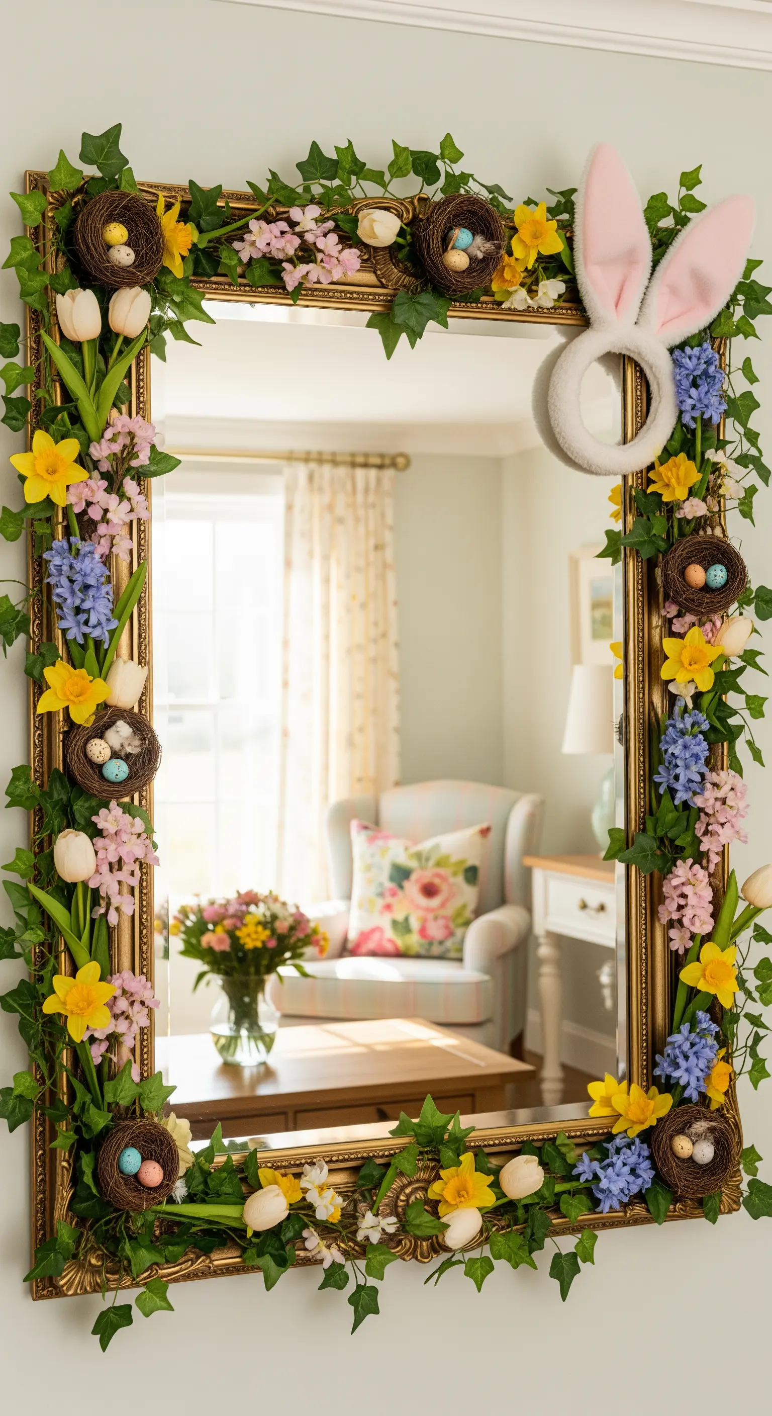 Spiegel mit Frühlingsblumen, Vogelnestern und Hasenohren verziert.