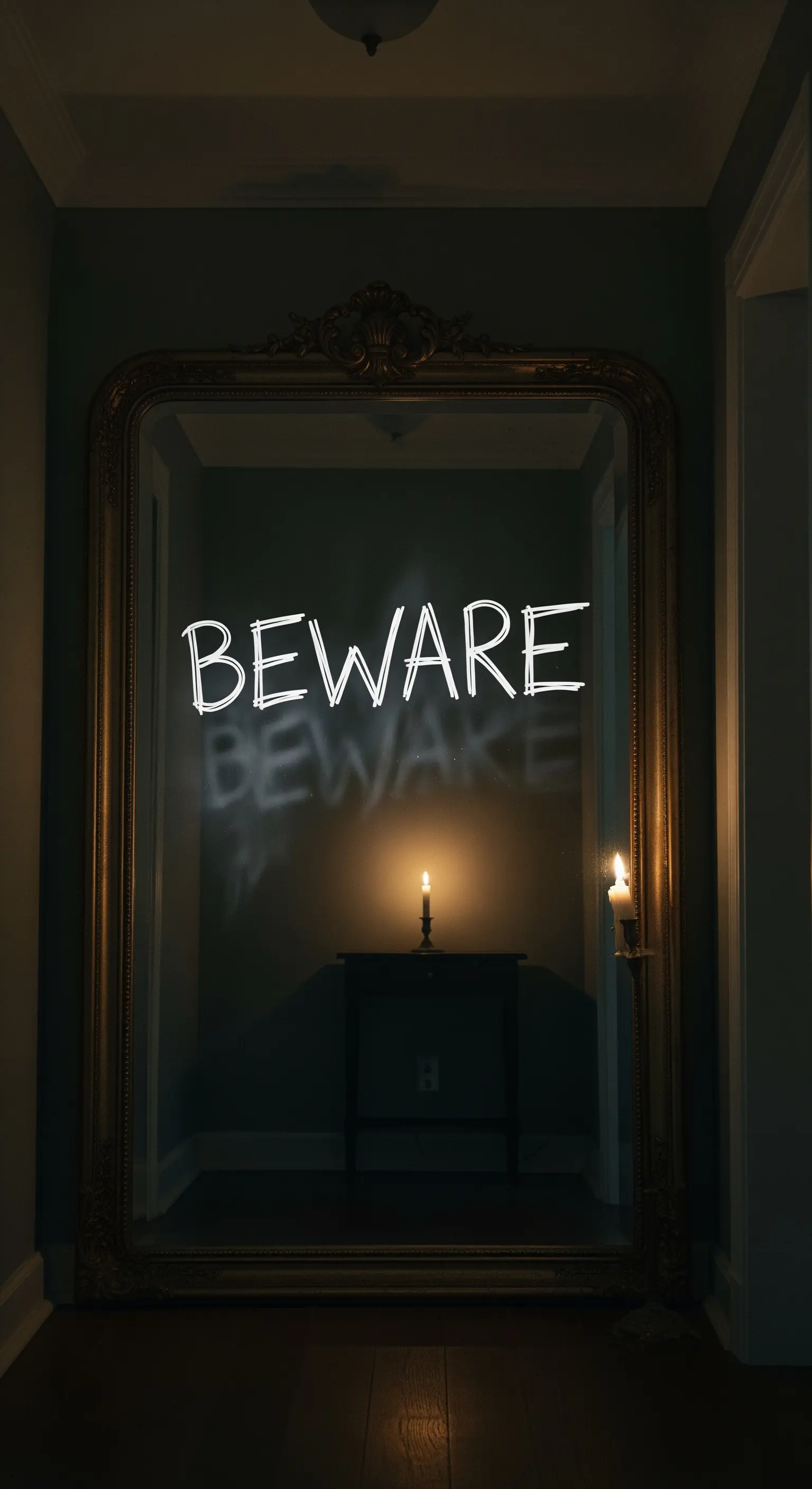 Großer Spiegel mit der leuchtenden Schrift „Beware“ und einer Kerze davor.