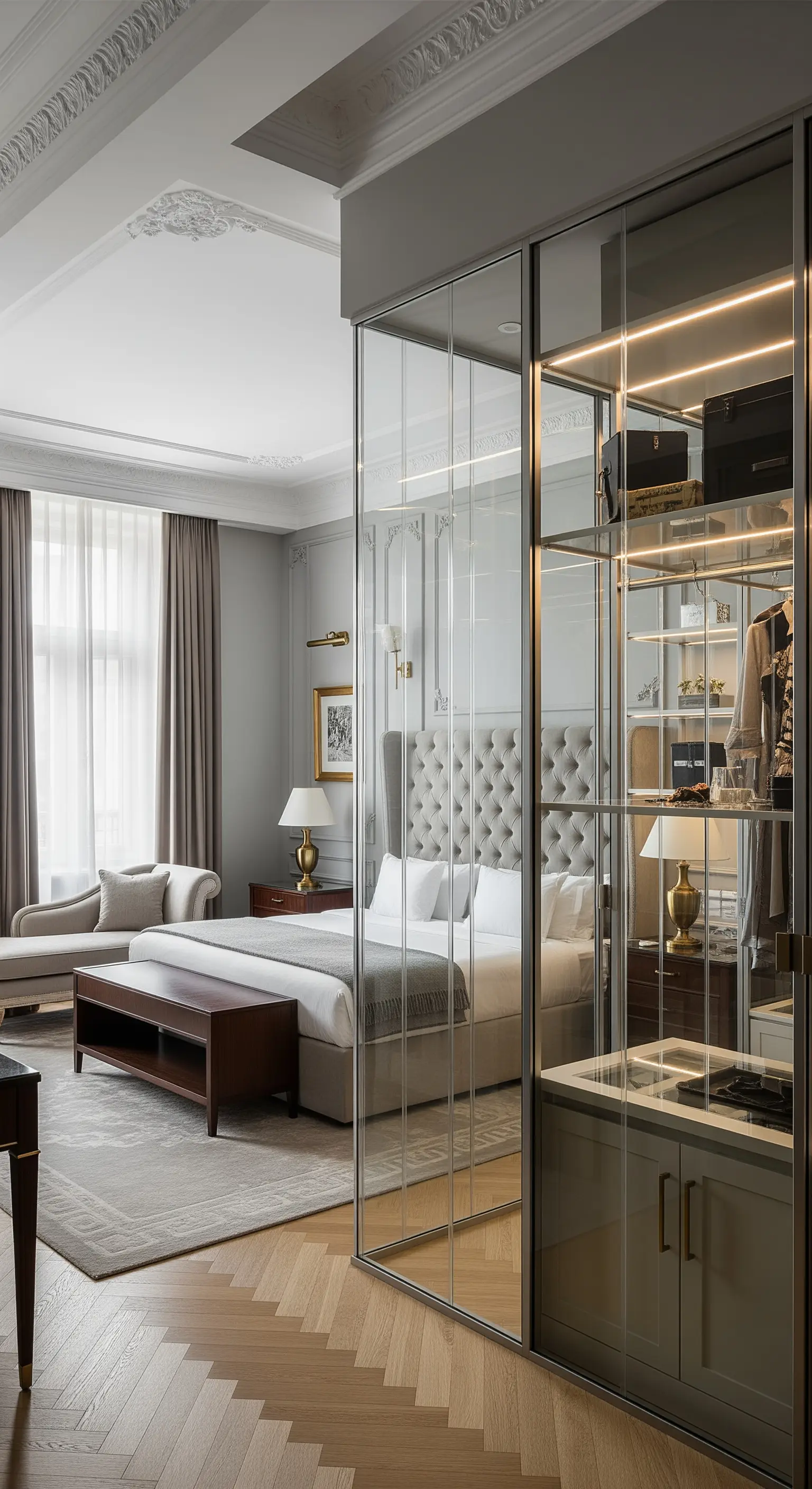 Klassisches Schlafzimmer mit einem großen, verspiegelten Kleiderschrank, der den Raum optisch erweitert.