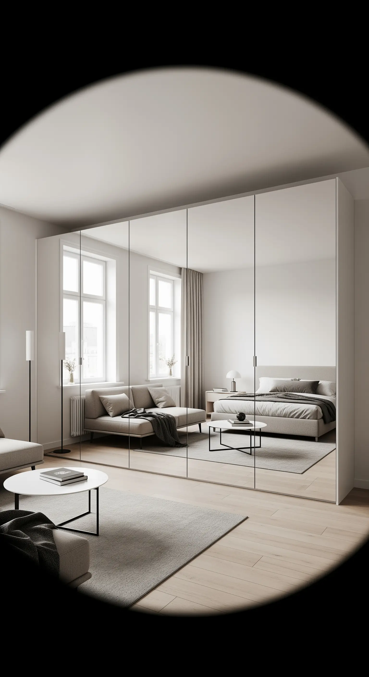 Raumhohe Spiegelschränke verdoppeln optisch den Wohn- und Schlafbereich