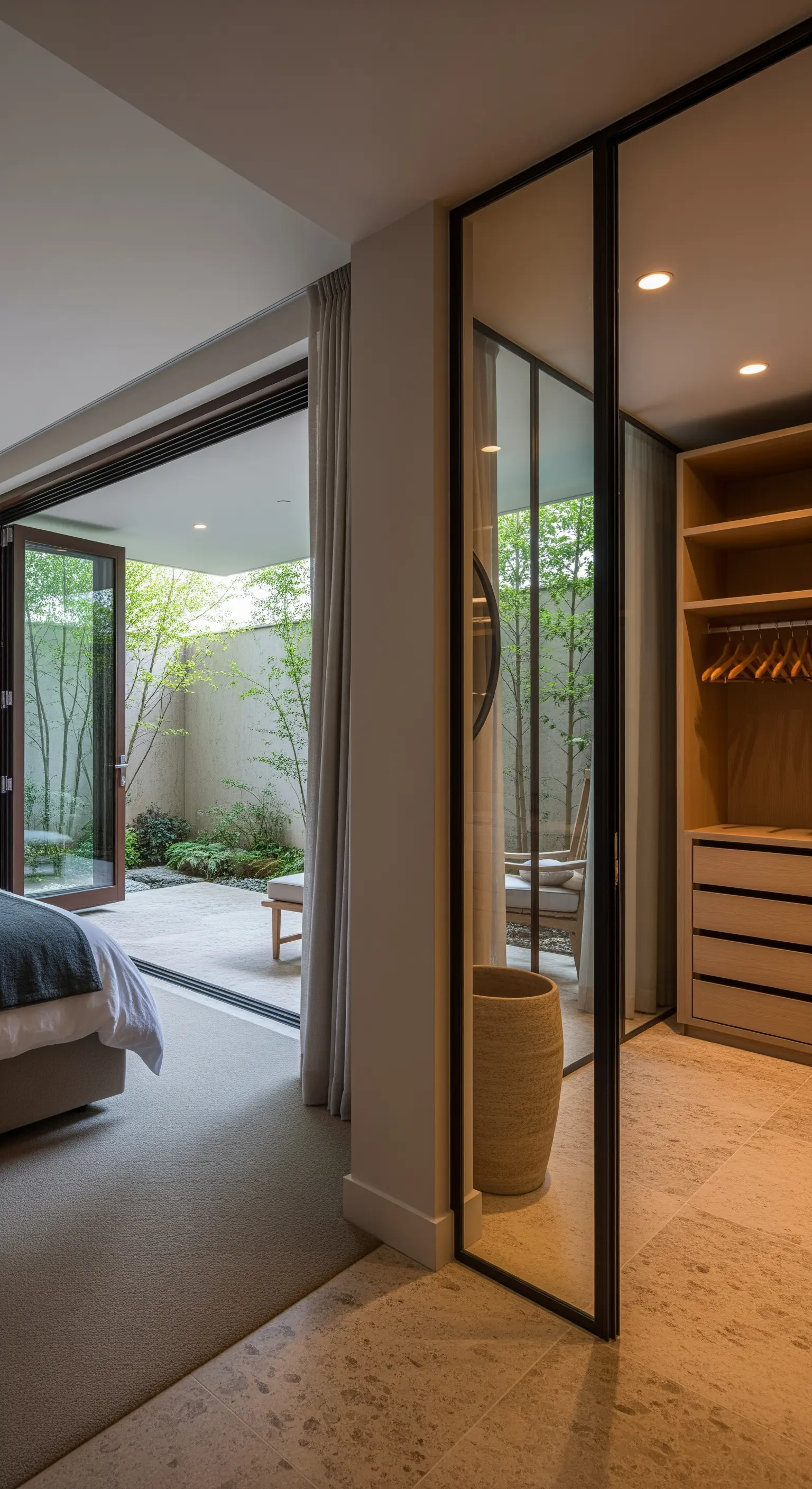Schlafzimmer mit spiegelnden Schranktüren, die einen grünen Innenhof reflektieren