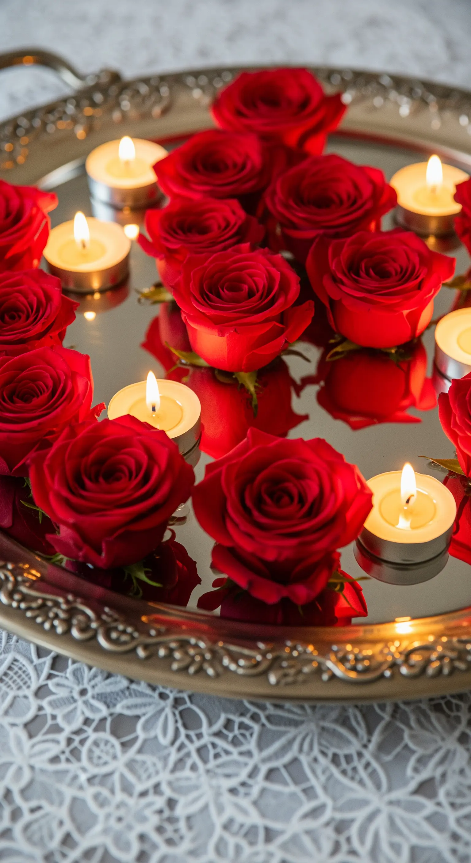 Silbertablett mit roten Rosen und Teelichtern, auf Spitzentischdecke