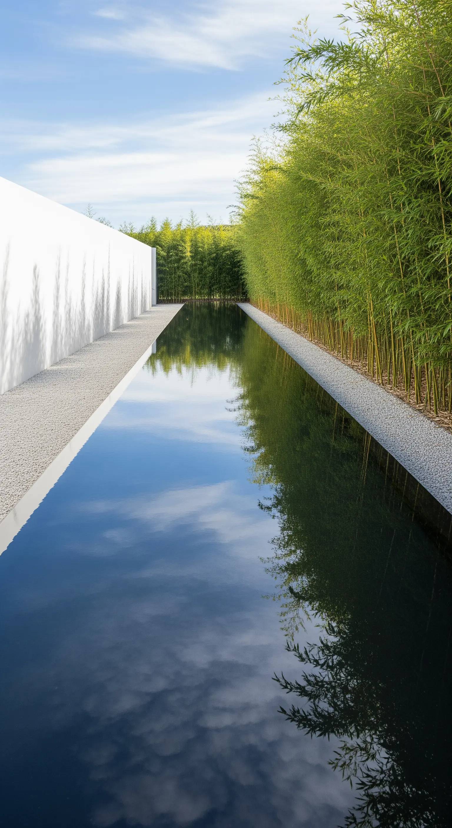 Langer, spiegelnder Wasserkanal mit dichter Bambushecke und weißer Wand