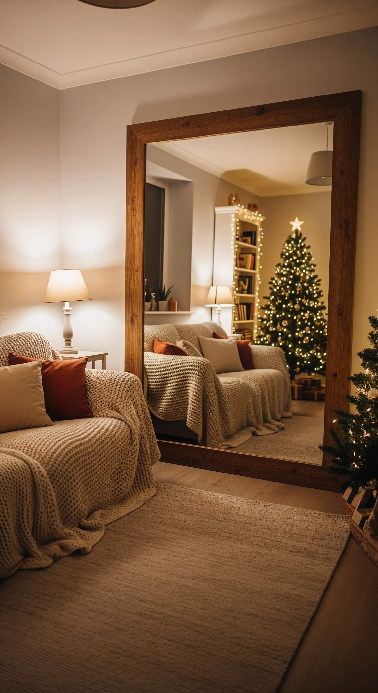 Wohnzimmer mit großem Holzspiegel, Weihnachtsbaum-Reflexion und Sofadeko.