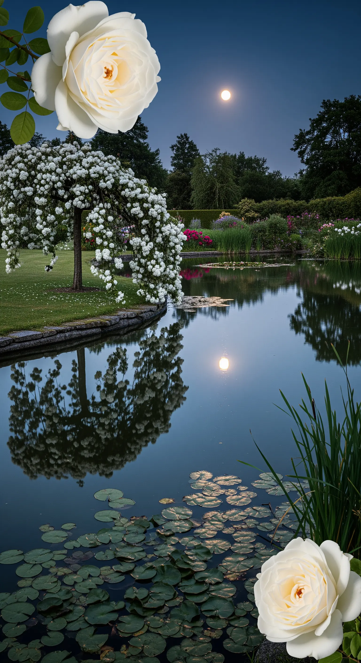 Gartenteich mit Seerosen, Trauerrose und Mondspiegelung.