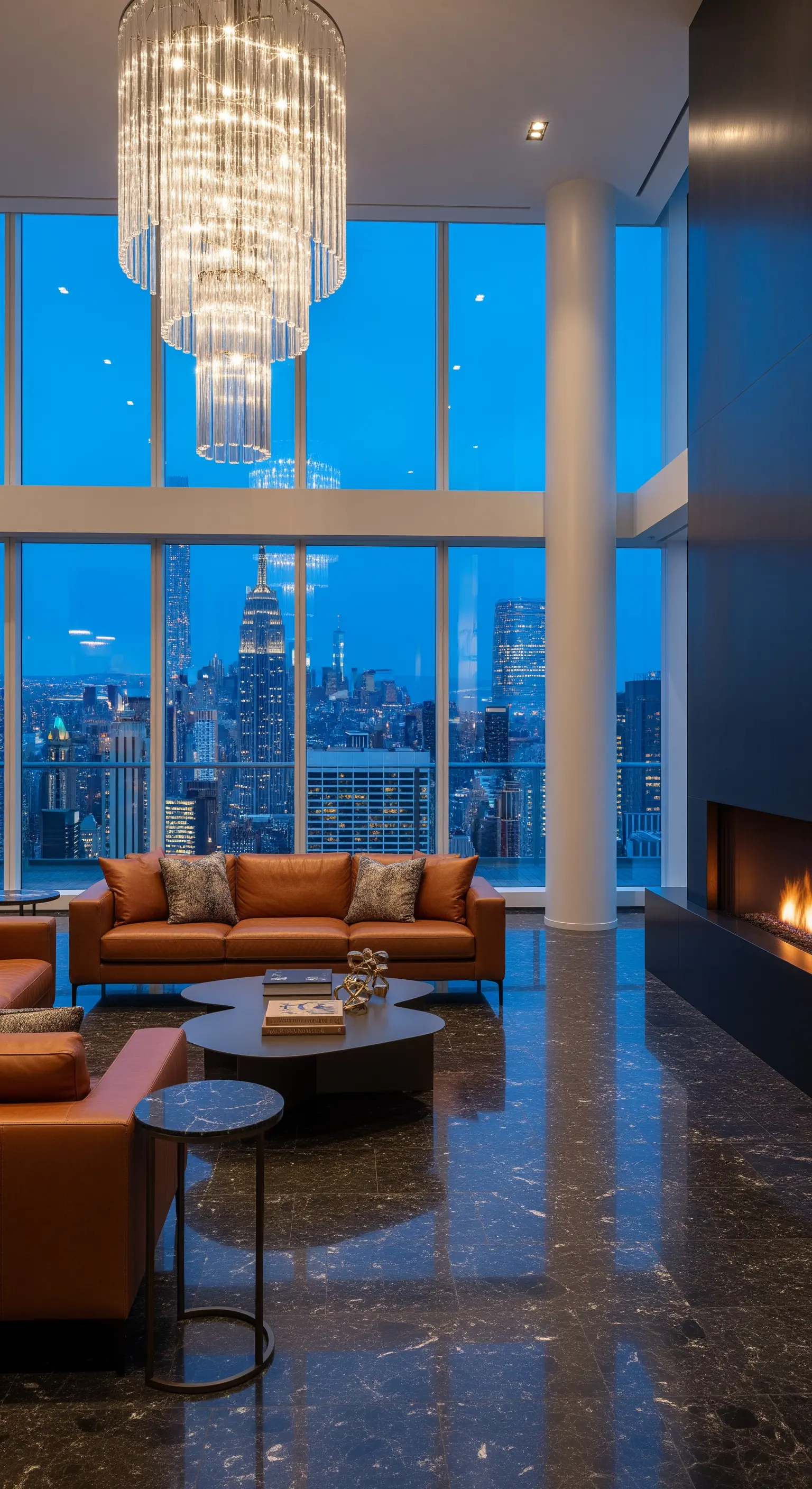 Modernes Penthouse-Wohnzimmer mit großem Kronleuchter und Blick auf die Skyline von New York.