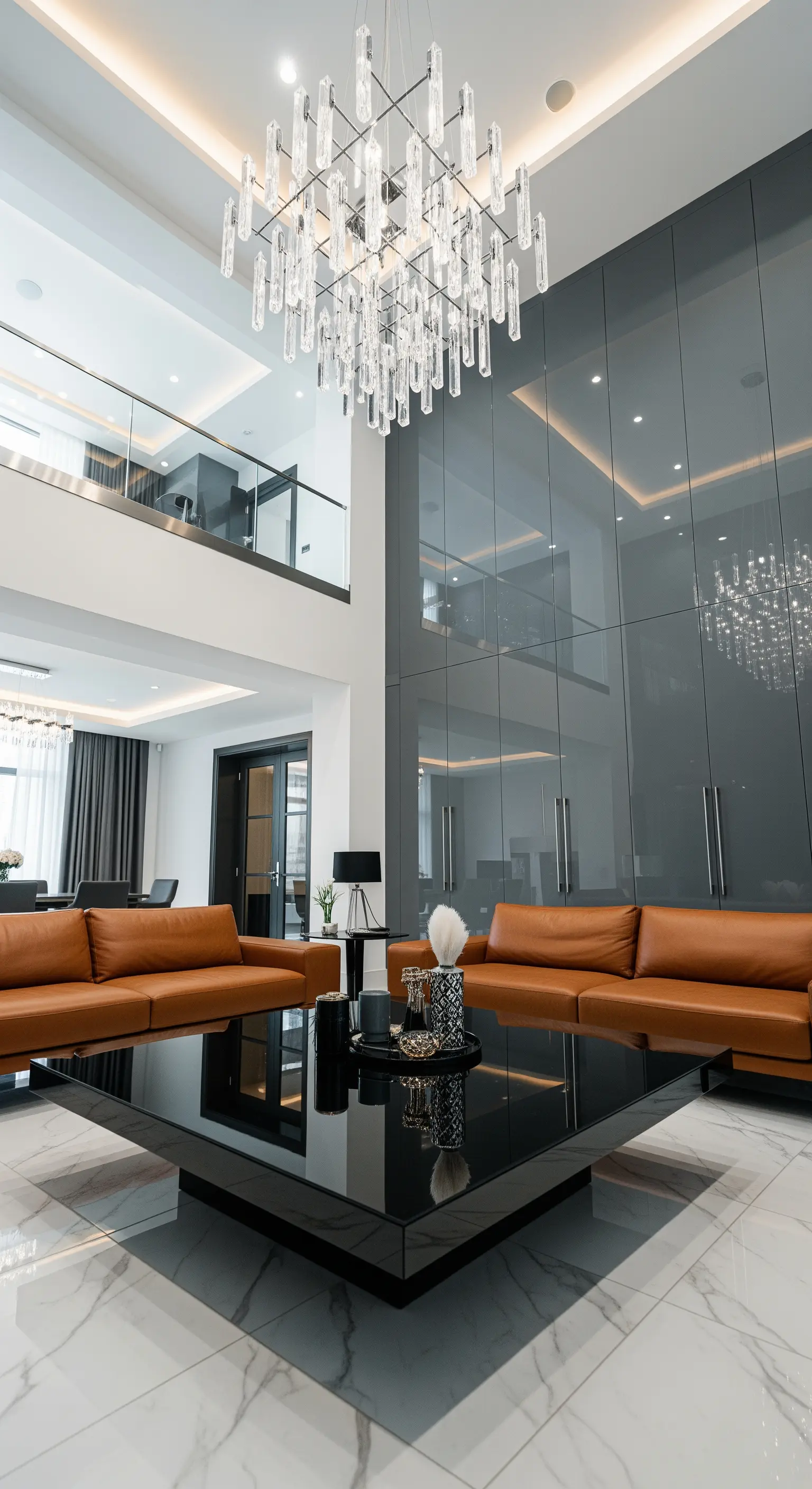 Großer Kristall-Kronleuchter spiegelt sich in einer schwarzen Hochglanzwand und einem passenden Couchtisch.