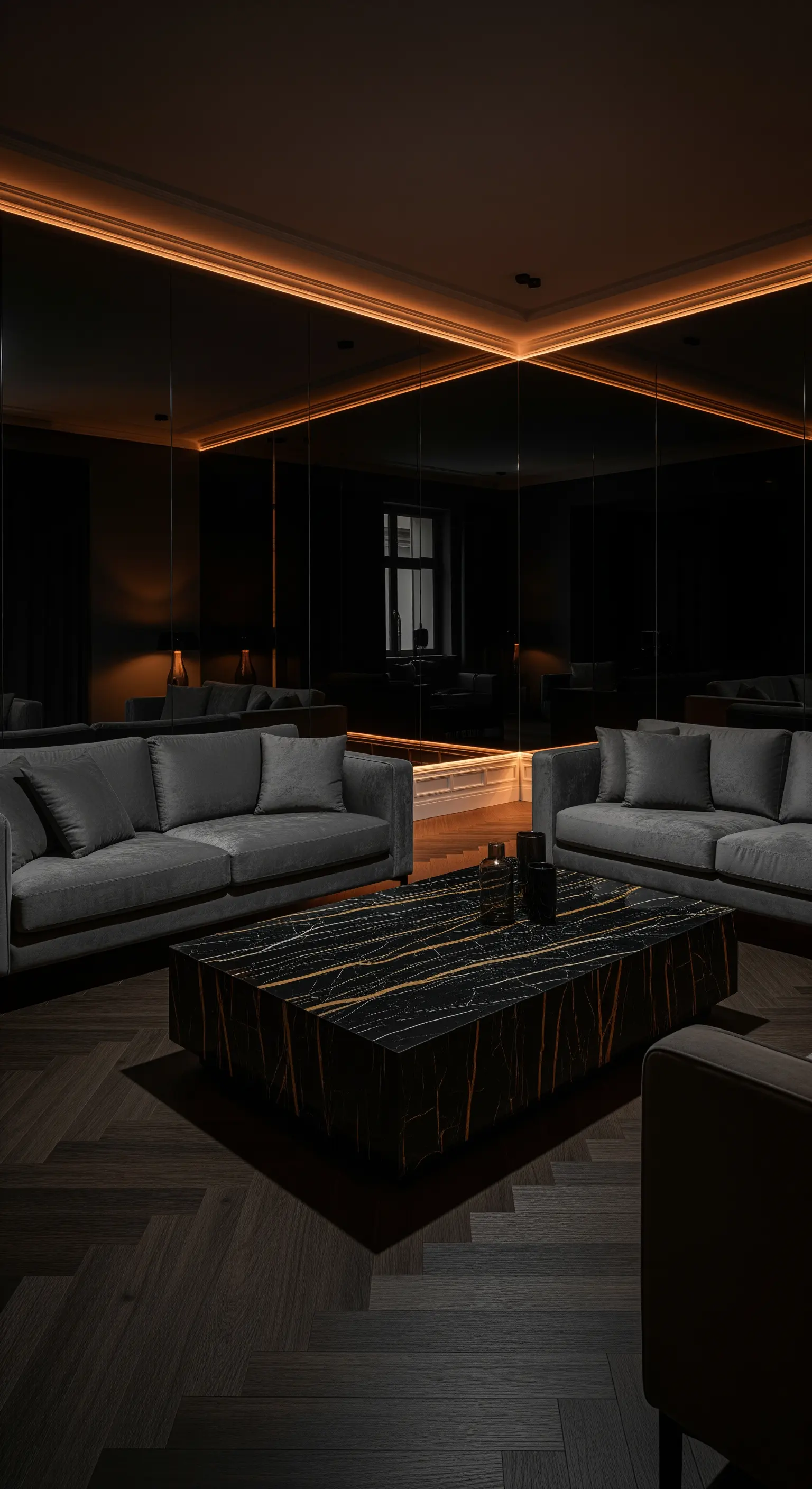 Dunkles Wohnzimmer mit Spiegelwand, goldenem Licht und Marmortisch