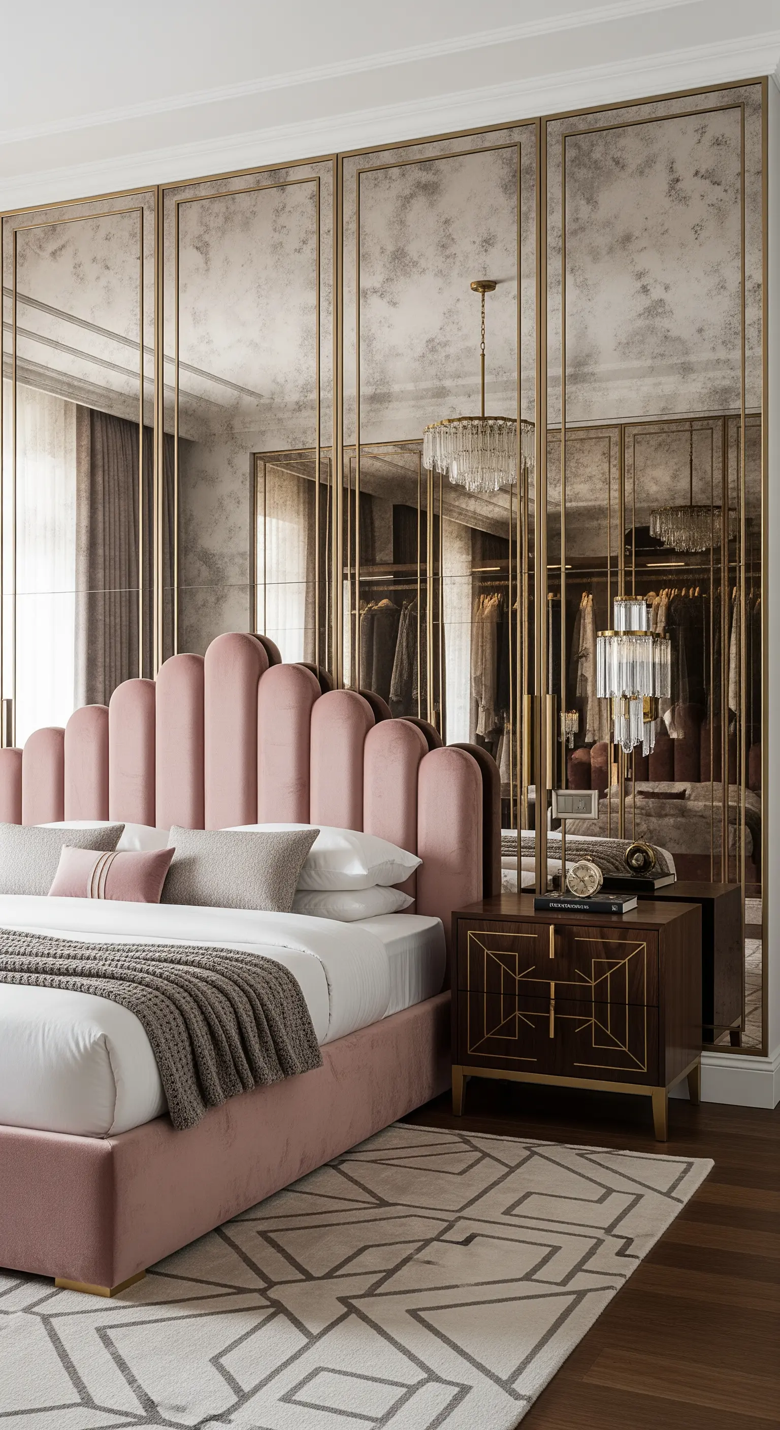 Glamouröses Schlafzimmer mit verspiegelten Schranktüren im Antik-Look und rosa Samtbett.
