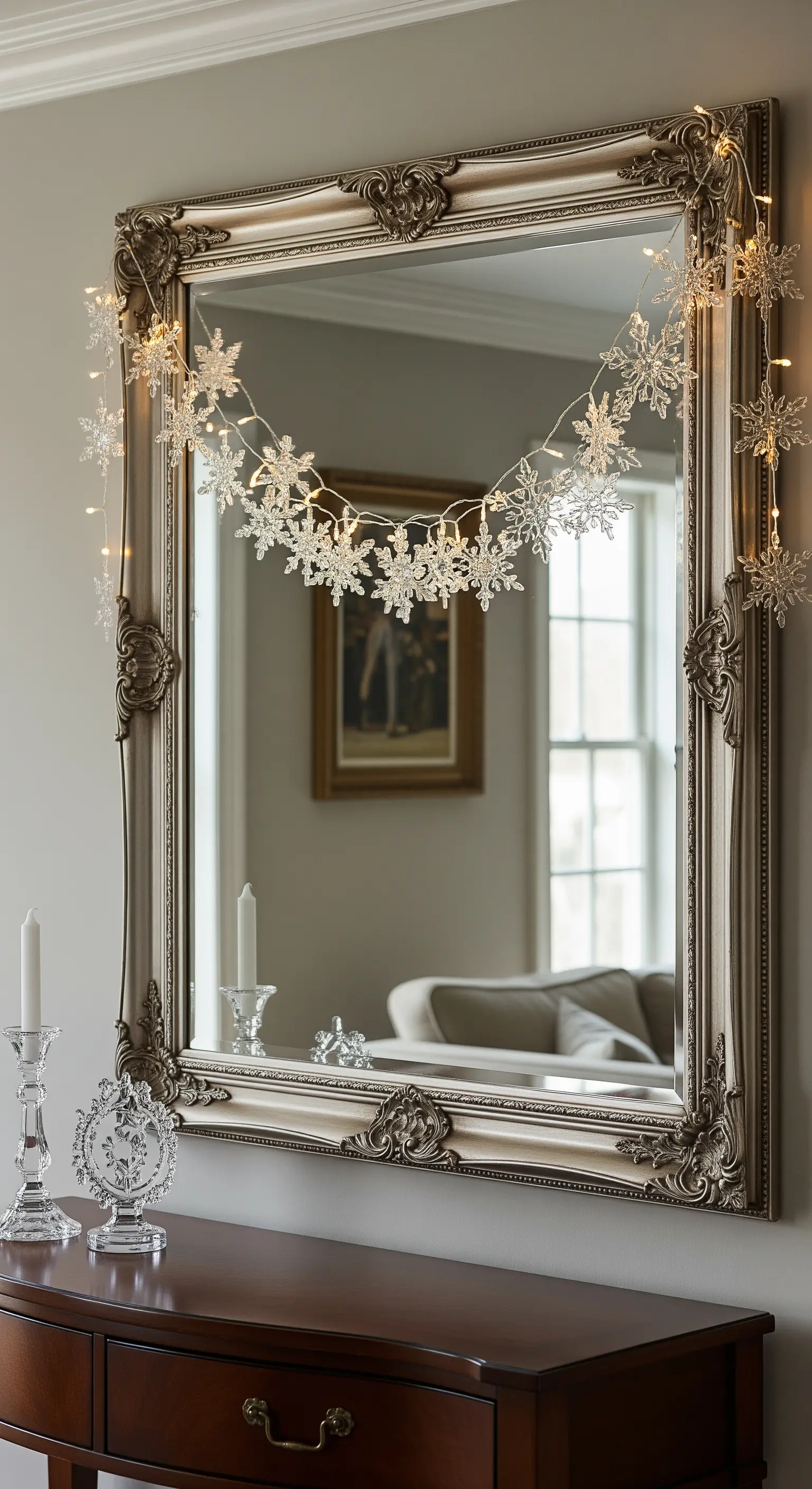 Prunkvoller Spiegel mit einer darüber drapierten Schneeflocken-Lichterkette
